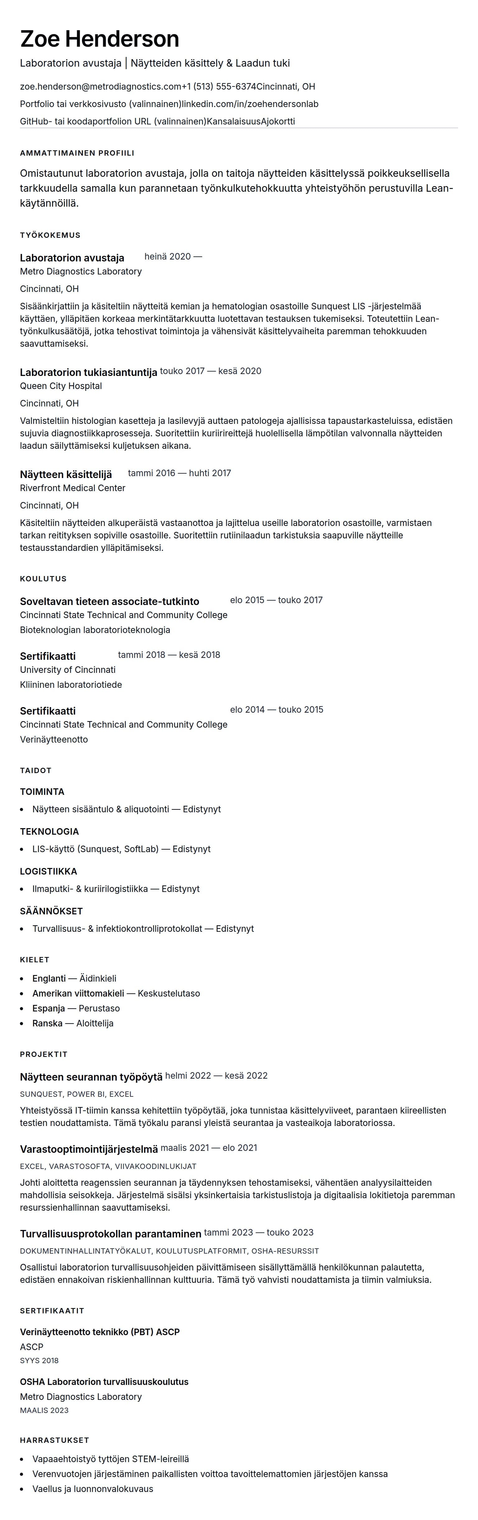 Ansioluetteloesikatselu kohteelle Laboratorion avustajan ansioluetteloesimerkki