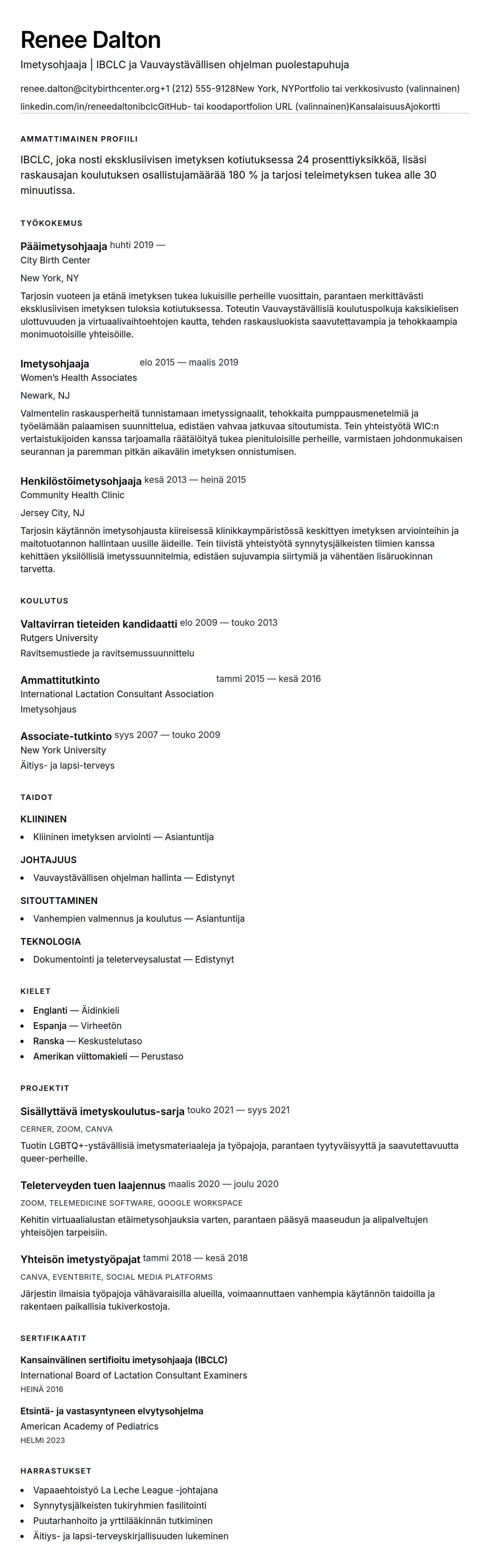 Ansioluetteloesikatselu kohteelle Imetysohjaajan ansioluetteloesimerkki