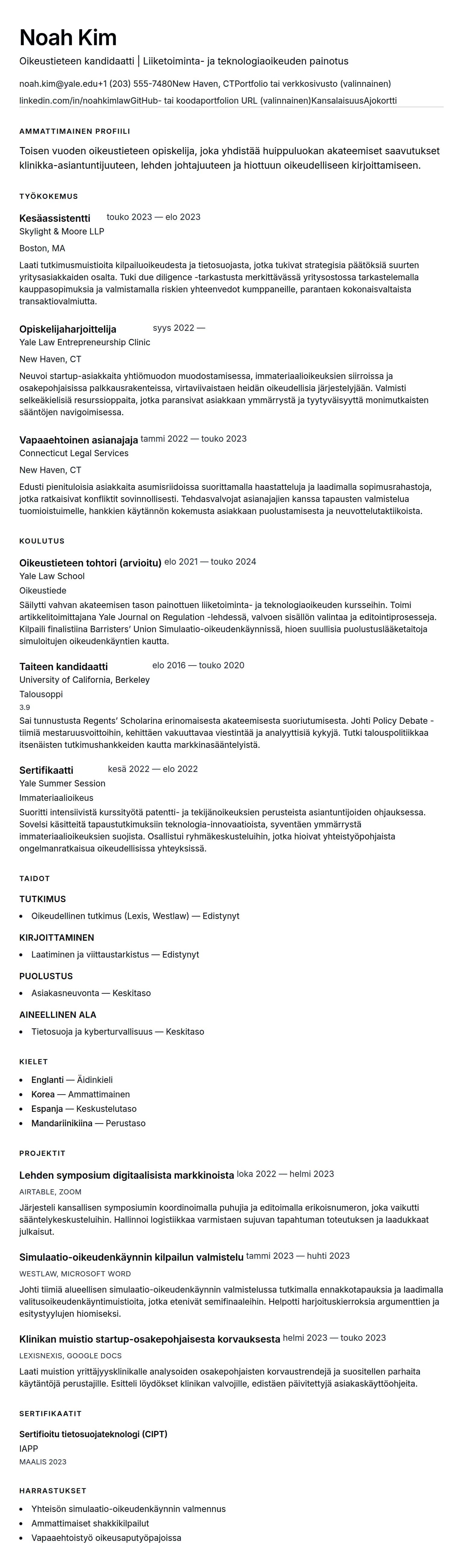 Ansioluetteloesikatselu kohteelle Oikeustieteen opiskelijan ansioluetteloesimerkki
