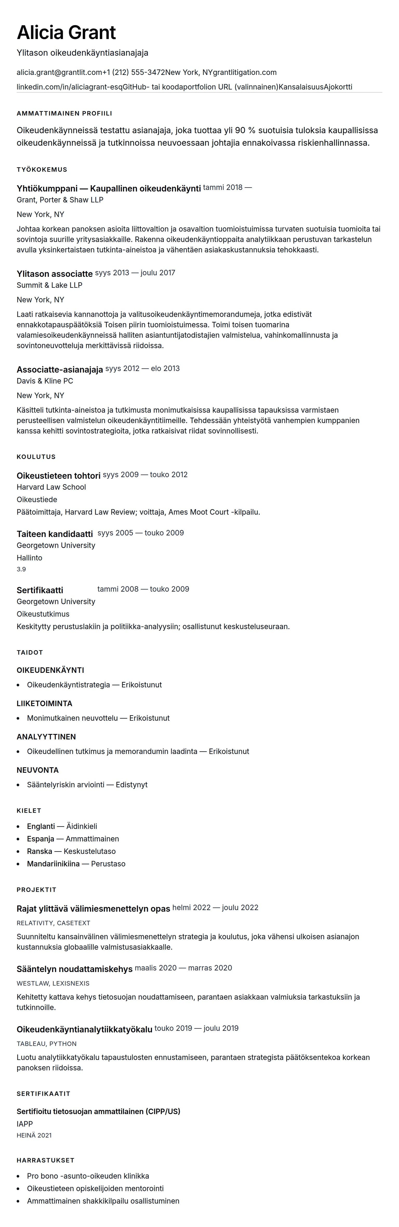 Ansioluetteloesikatselu kohteelle Asianajajan ansioluettelo esimerkki