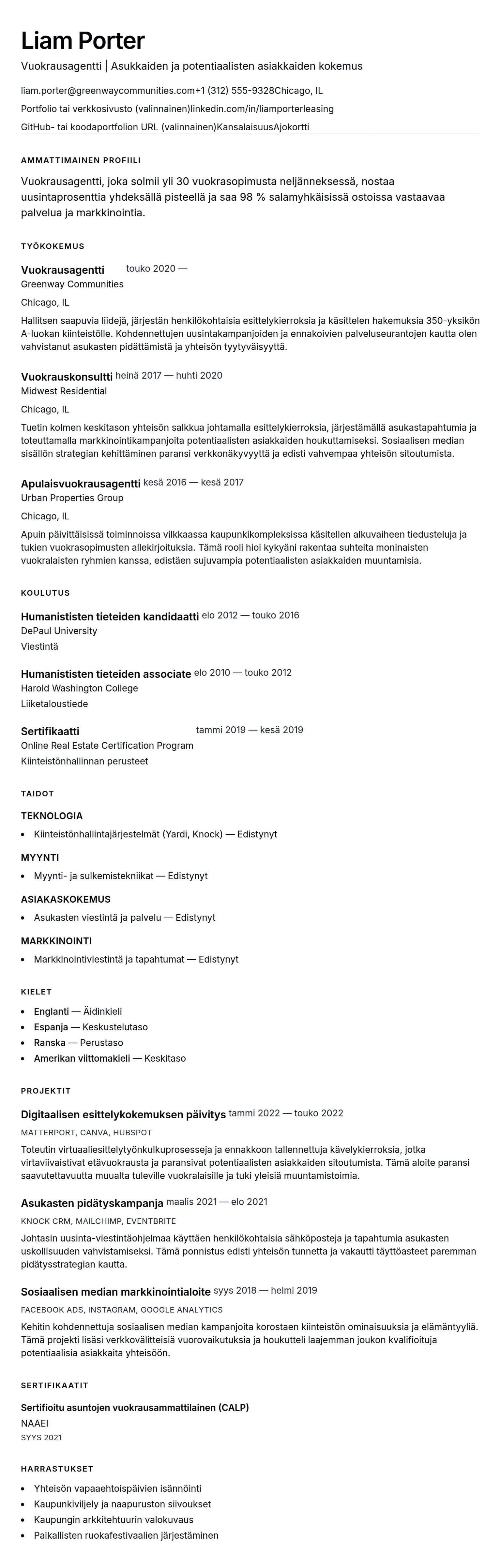 Ansioluetteloesikatselu kohteelle Vuokrausagentin CV-esimerkki