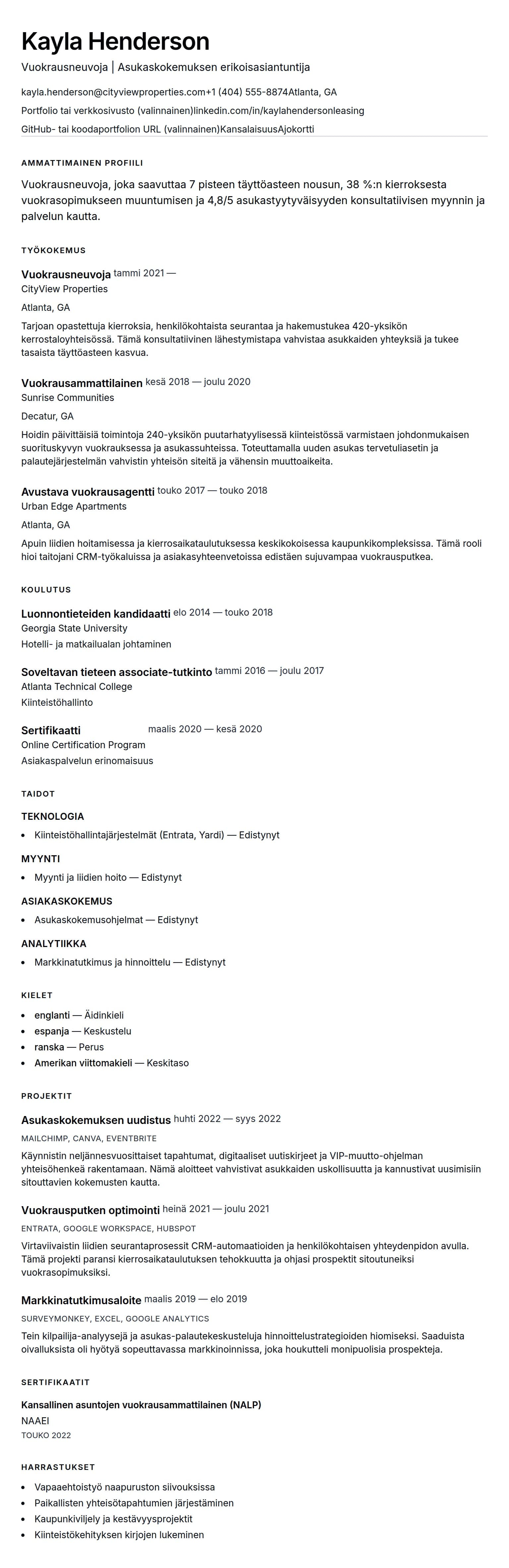 Ansioluetteloesikatselu kohteelle Vuokrausneuvojan ansioluetteloesimerkki