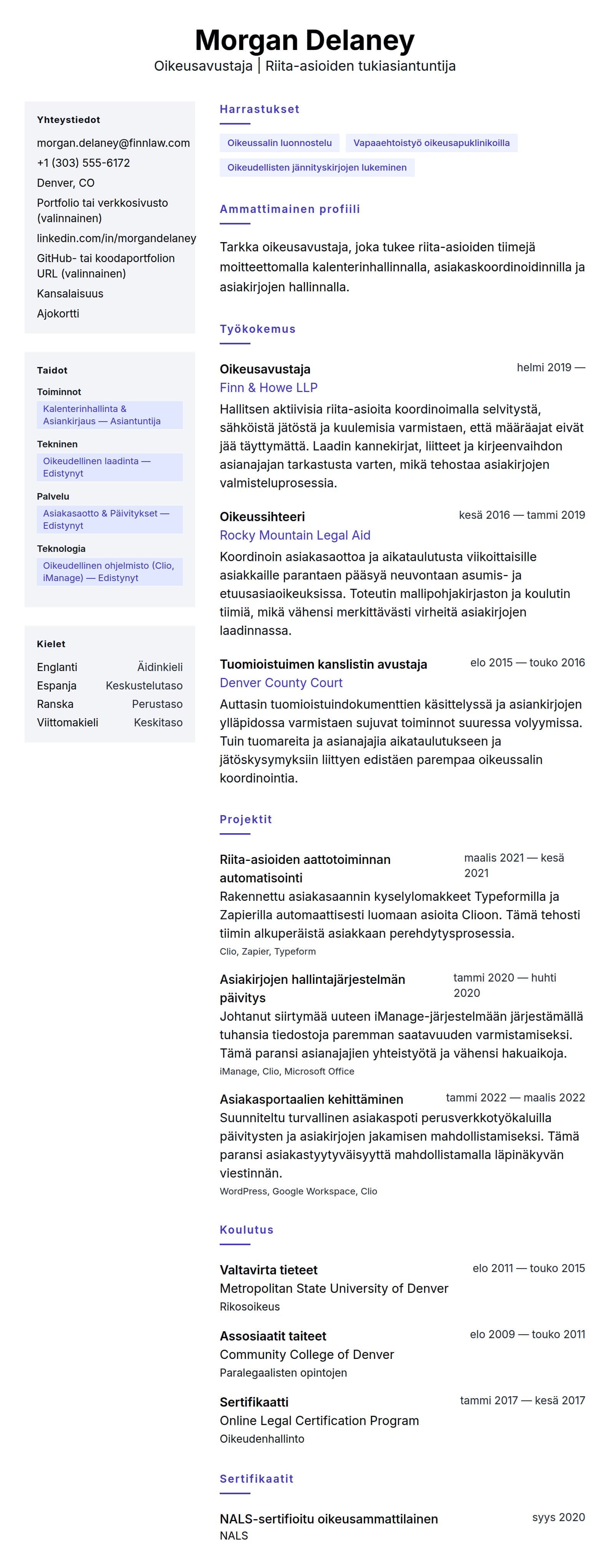 Ansioluetteloesikatselu kohteelle Oikeusavustajan CV-esimerkki