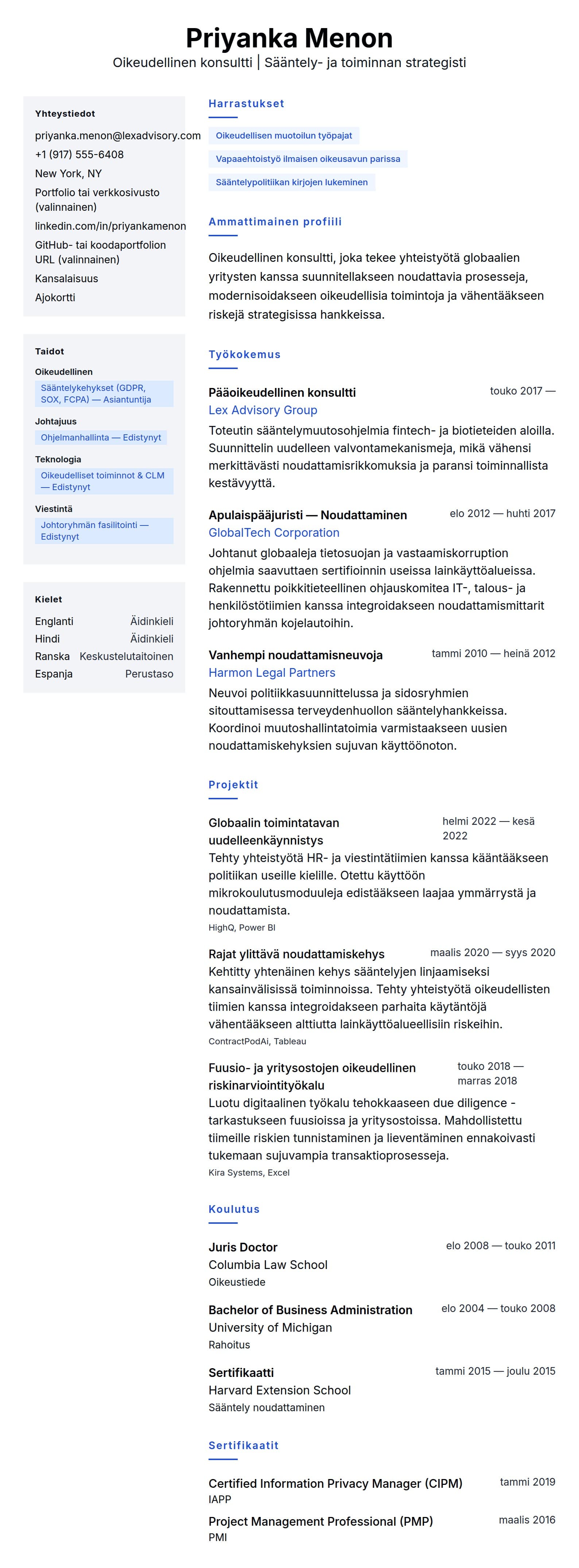 Ansioluetteloesikatselu kohteelle Oikeudellisen konsultin ansioluetteloesimerkki