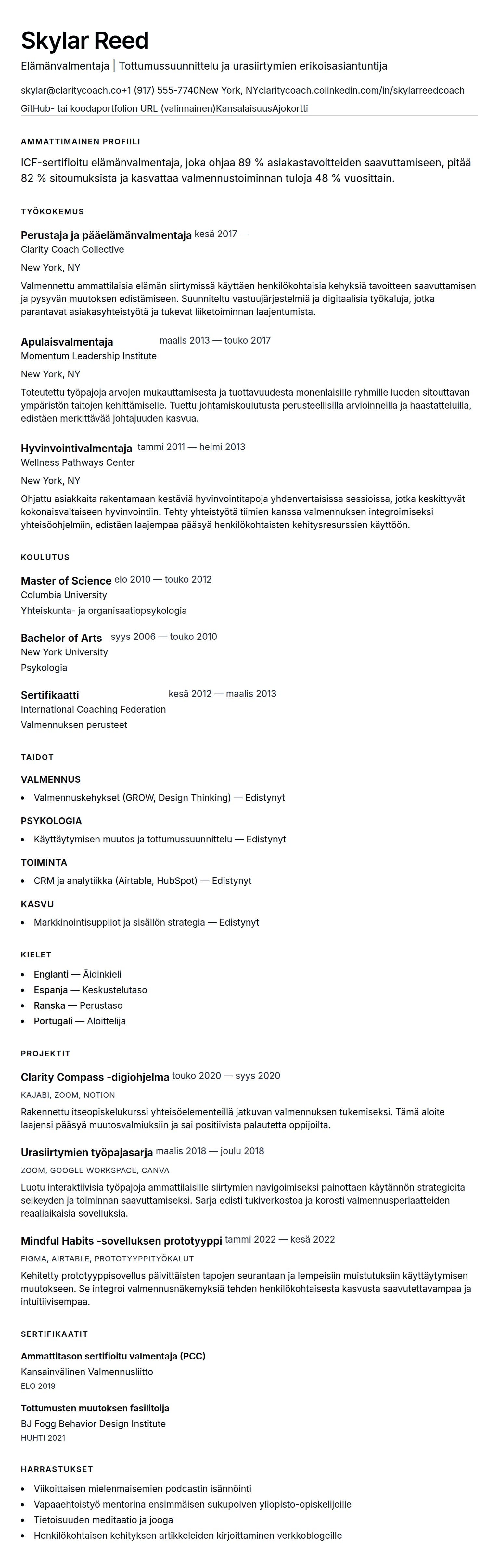 Ansioluetteloesikatselu kohteelle Elämänvalmentajan CV-esimerkki