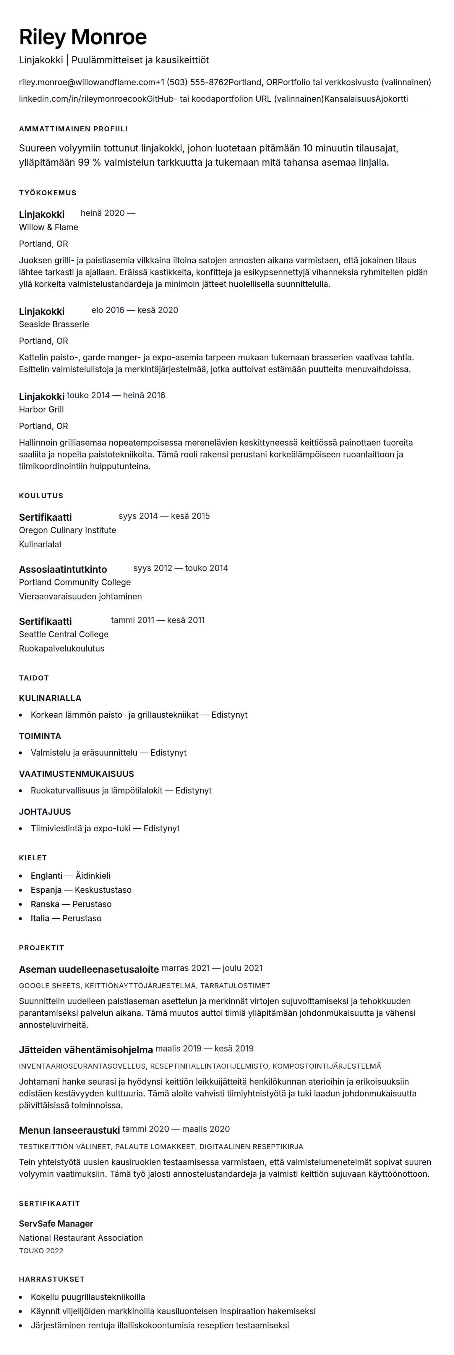 Ansioluetteloesikatselu kohteelle Linjakokki CV-esimerkki