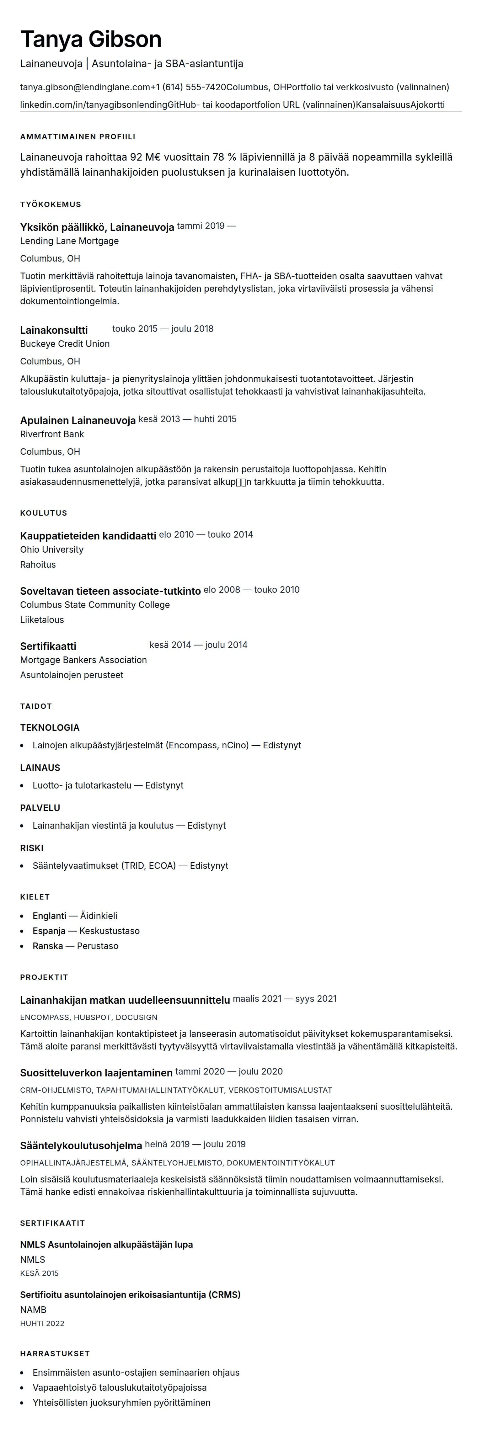 Ansioluetteloesikatselu kohteelle Lainaneuvojan CV-esimerkki