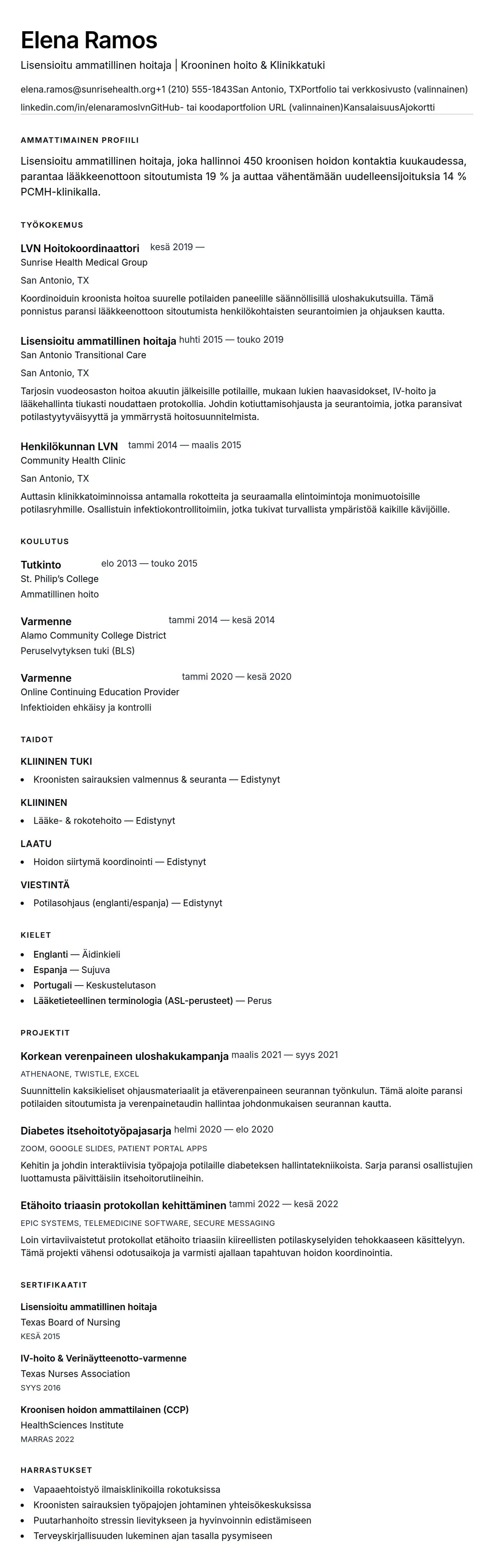 Ansioluetteloesikatselu kohteelle Lisensioitu ammatillinen hoitaja (LVN) ansioluettelon esimerkki