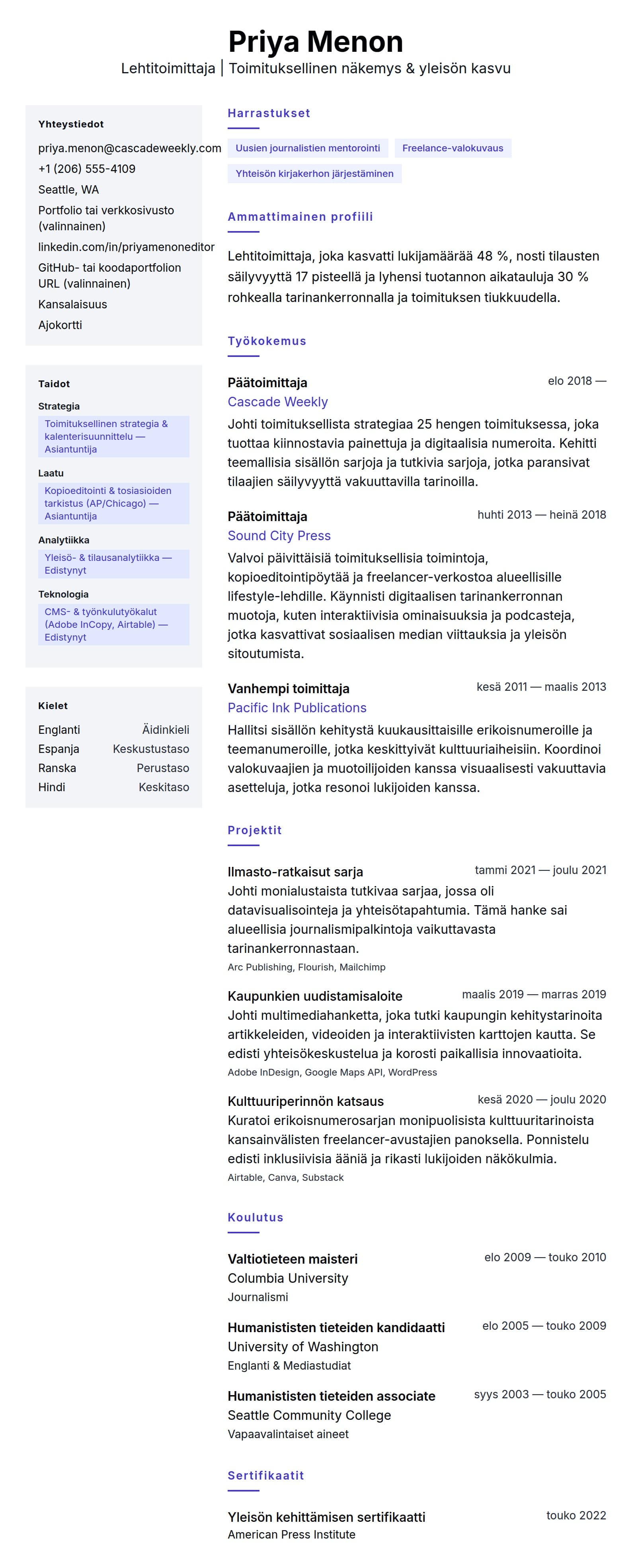 Ansioluetteloesikatselu kohteelle Lehtitoimittajan ansioluettelo-esimerkki