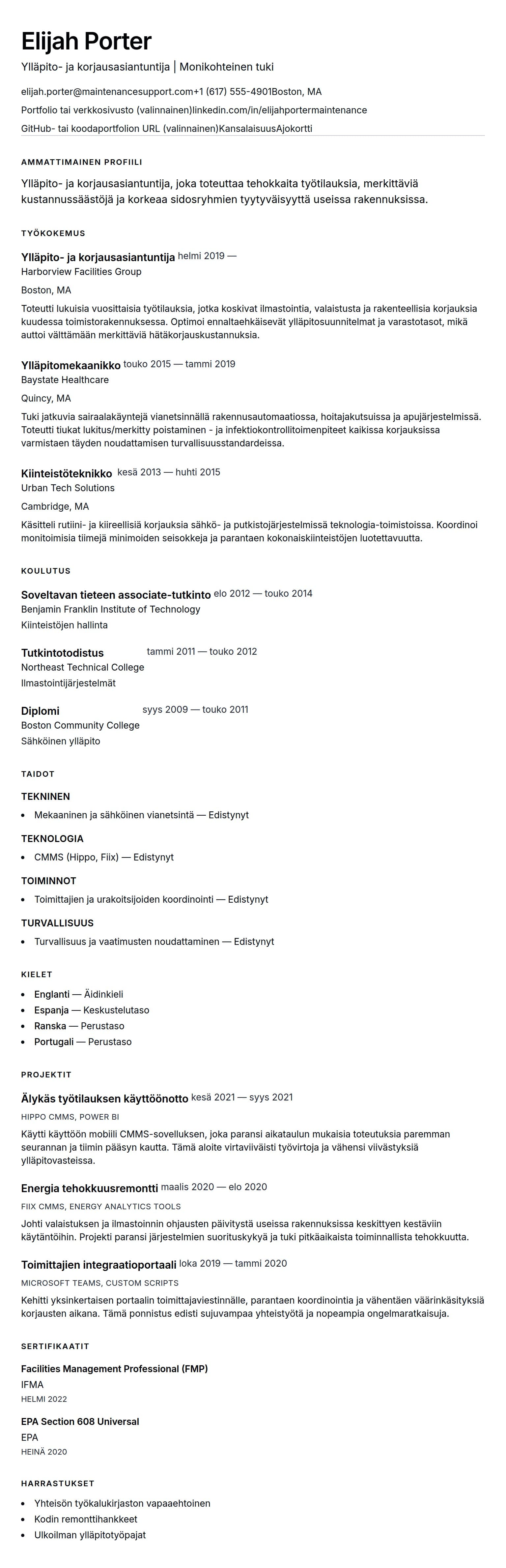 Ansioluetteloesikatselu kohteelle Ylläpito ja korjaus ansioluettelon esimerkki