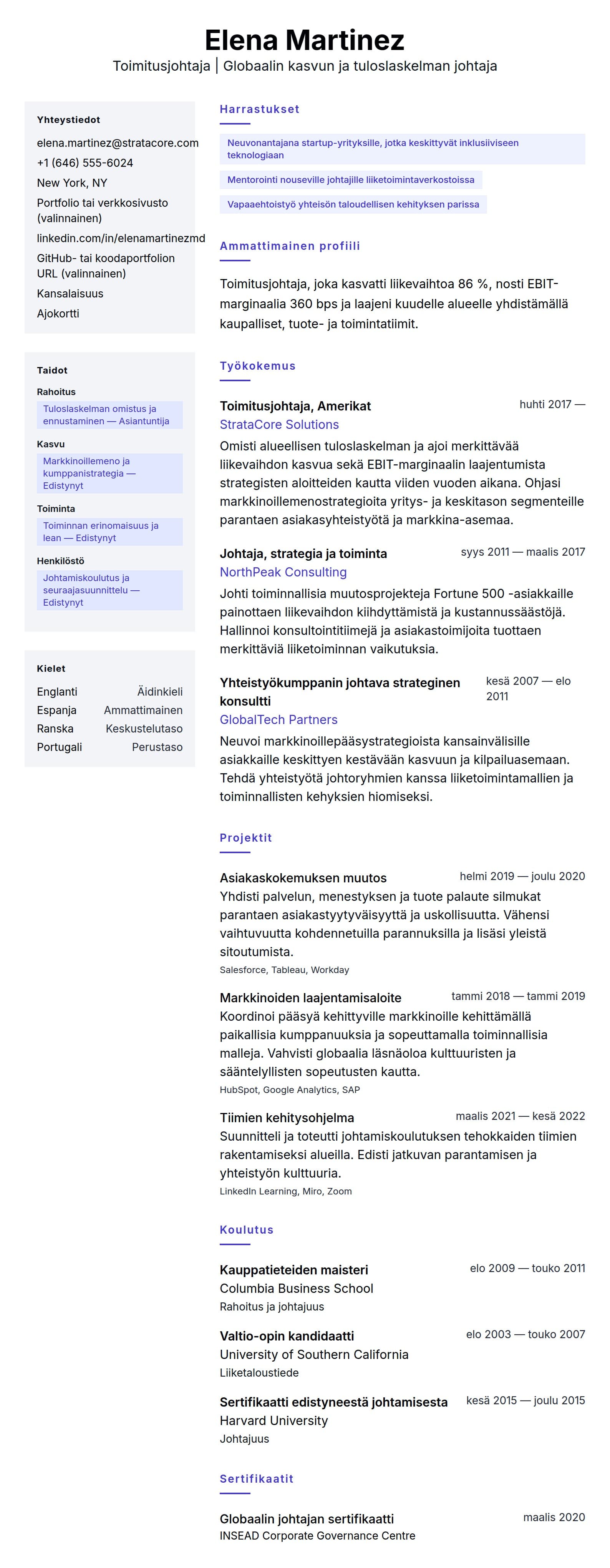Ansioluetteloesikatselu kohteelle Toimitusjohtajan ansioluetteloesimerkki