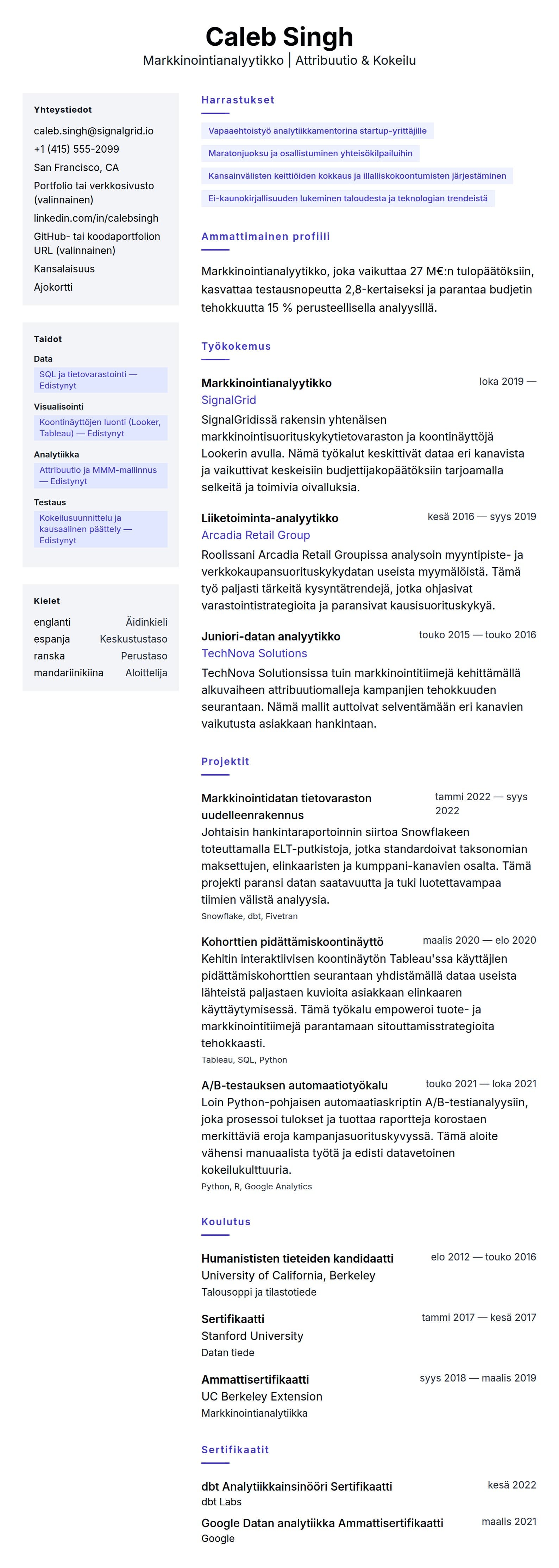 Ansioluetteloesikatselu kohteelle Markkinointianalyytikon ansioluetteloesimerkki