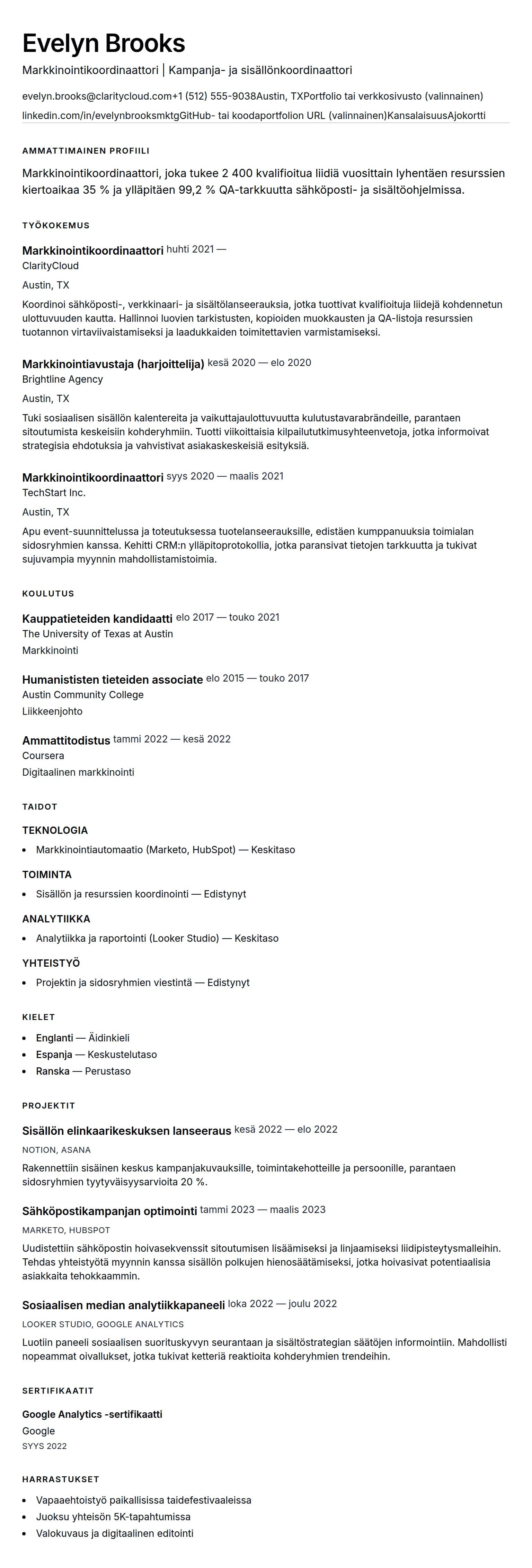Ansioluetteloesikatselu kohteelle Markkinointikoordinaattorin ansioluetteloesimerkki