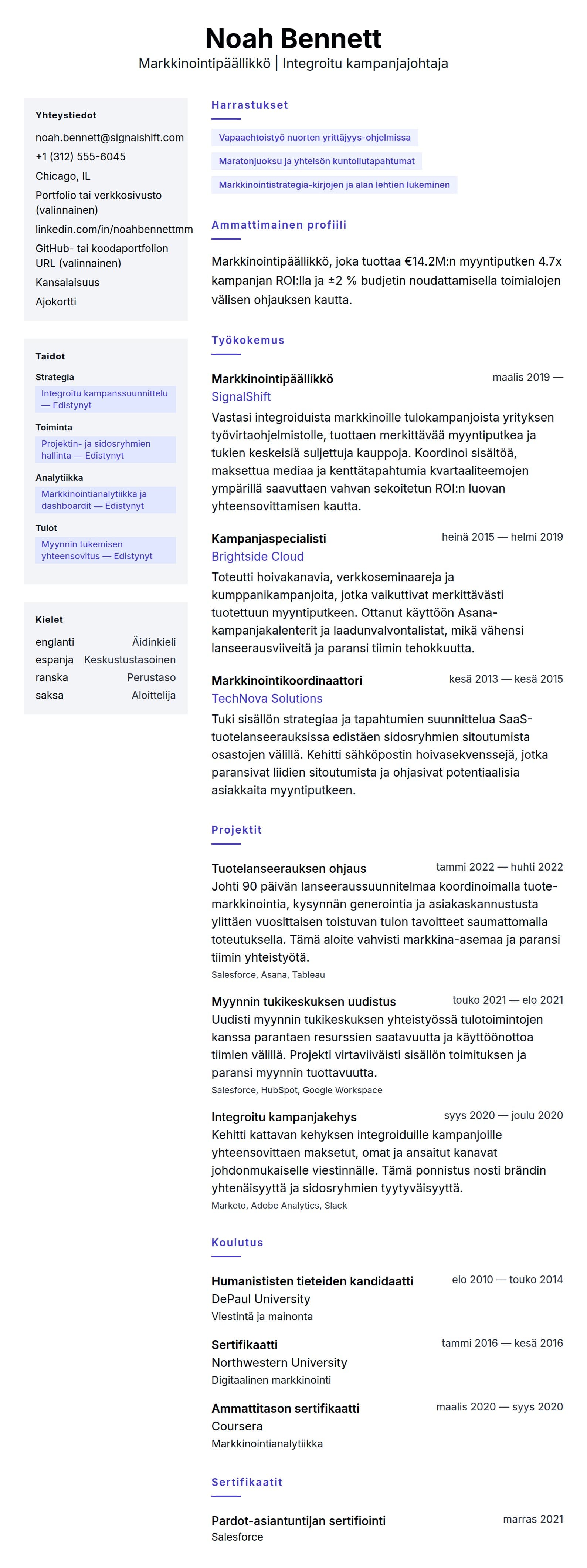 Ansioluetteloesikatselu kohteelle Markkinointipäällikön ansioluetteloesimerkki