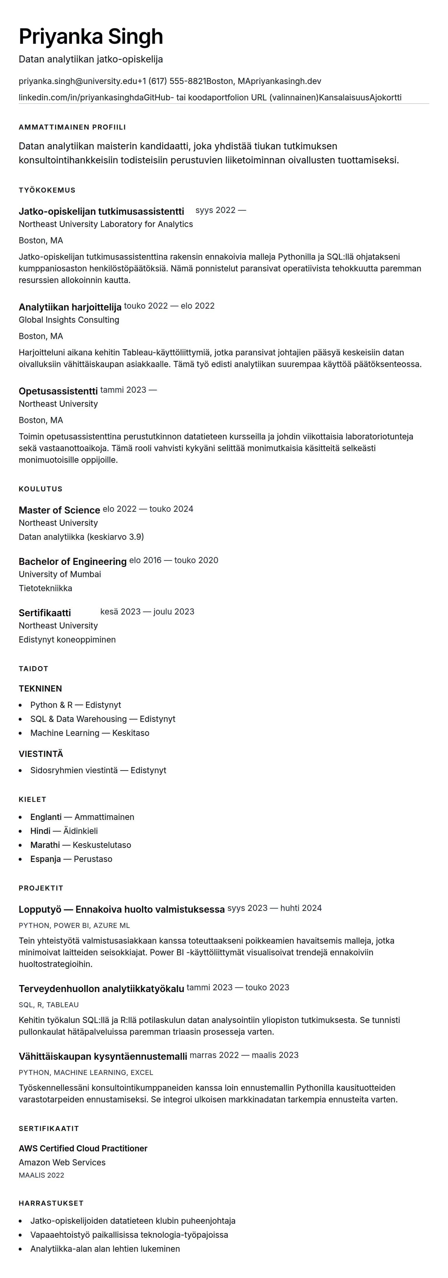 Ansioluetteloesikatselu kohteelle Maisteriopiskelijan ansioluetteloesimerkki
