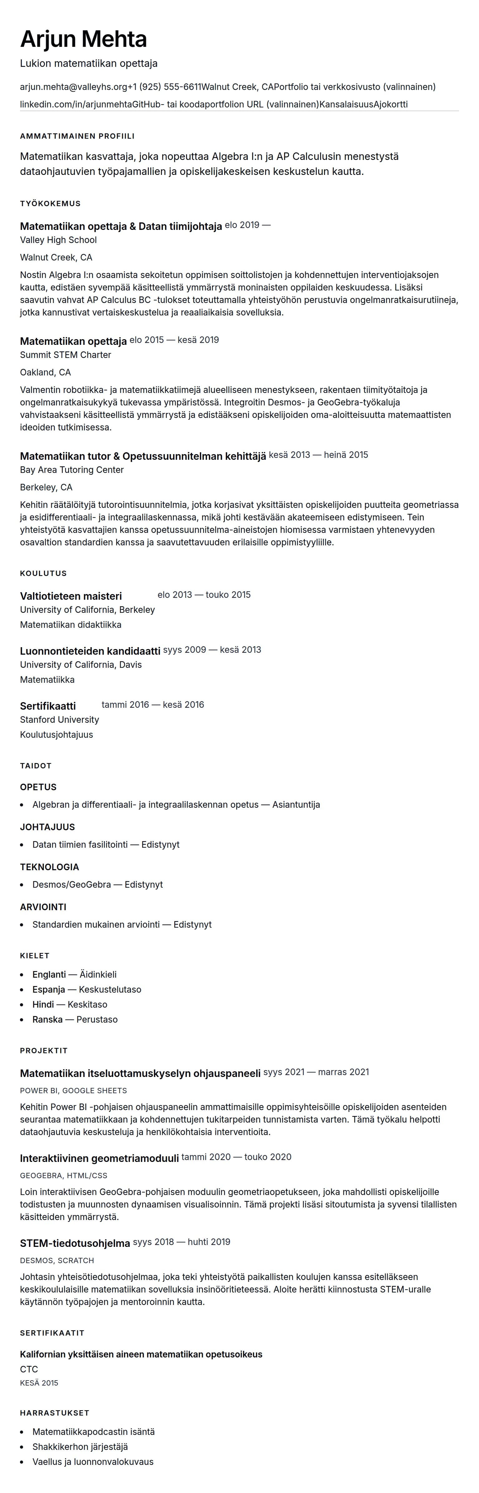 Ansioluetteloesikatselu kohteelle Matematiikan opettajan ansioluetteloesimerkki