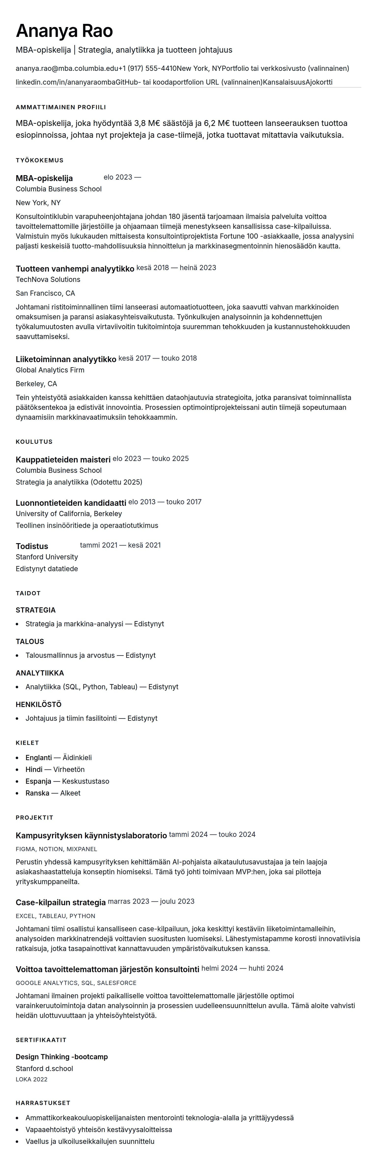 Ansioluetteloesikatselu kohteelle MBA-opiskelijan ansioluetteloesimerkki