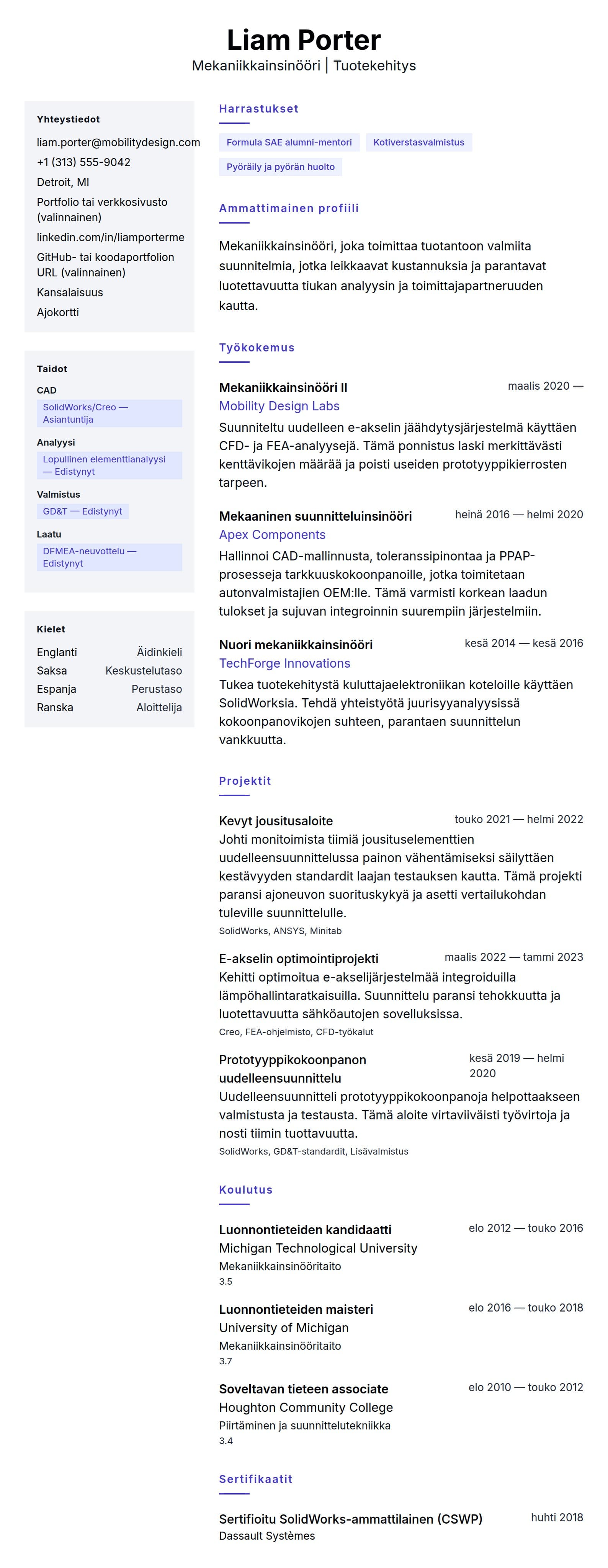 Ansioluetteloesikatselu kohteelle Mekaniikkainsinöörin ansioluetteloesimerkki