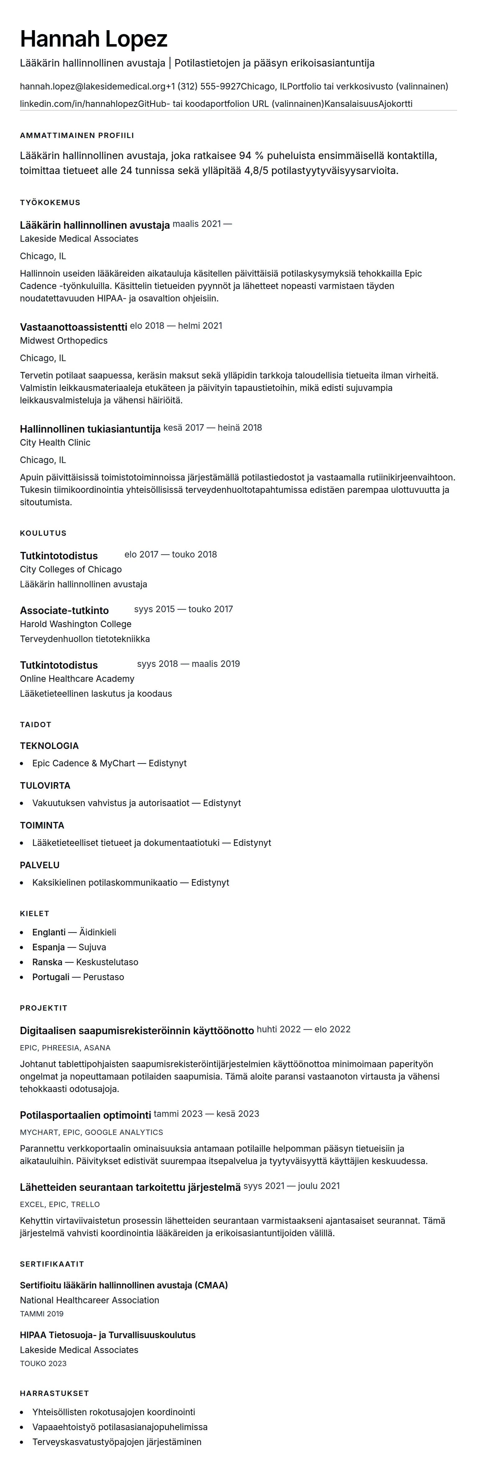 Ansioluetteloesikatselu kohteelle Lääkärin hallinnollinen avustaja CV-esimerkki