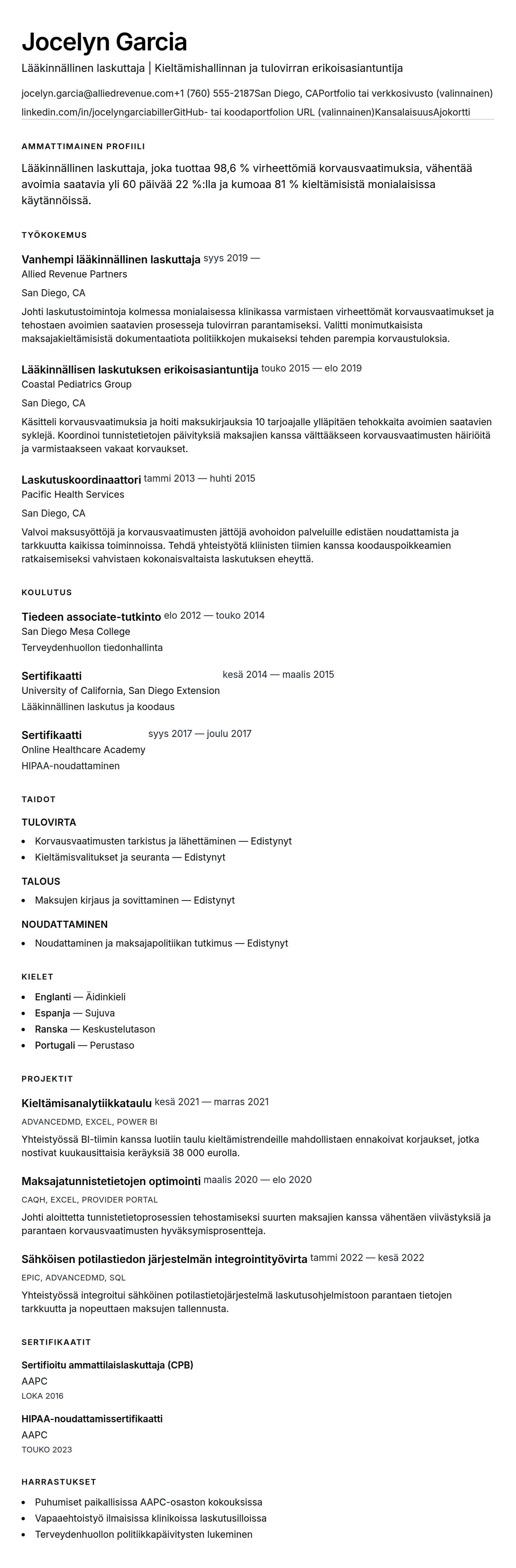 Ansioluetteloesikatselu kohteelle Lääkinnällinen laskuttaja CV-esimerkki