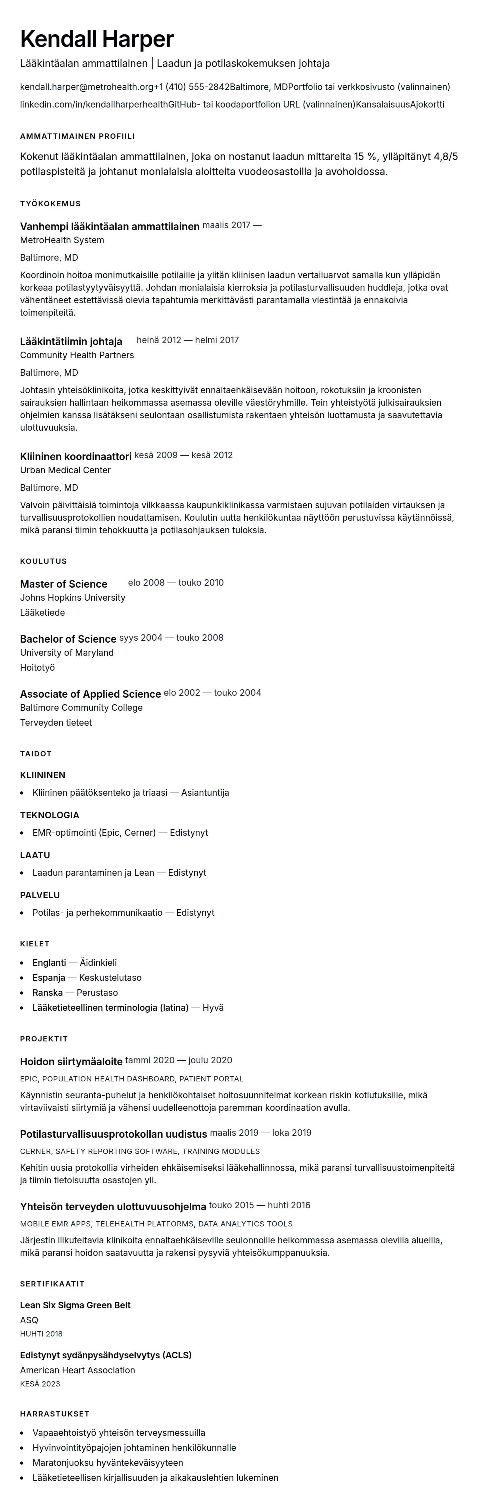 Ansioluetteloesikatselu kohteelle Lääkintäalan ammattilaisen ansioluetteloesimerkki