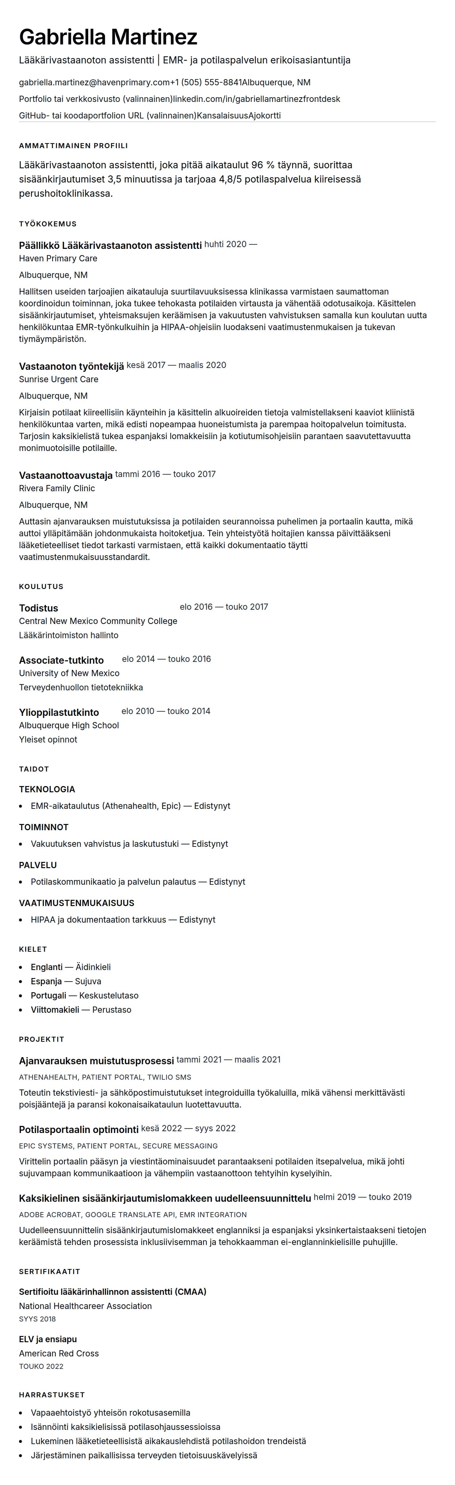 Ansioluetteloesikatselu kohteelle Lääkärivastaanoton assistentin ansioluetteloesimerkki