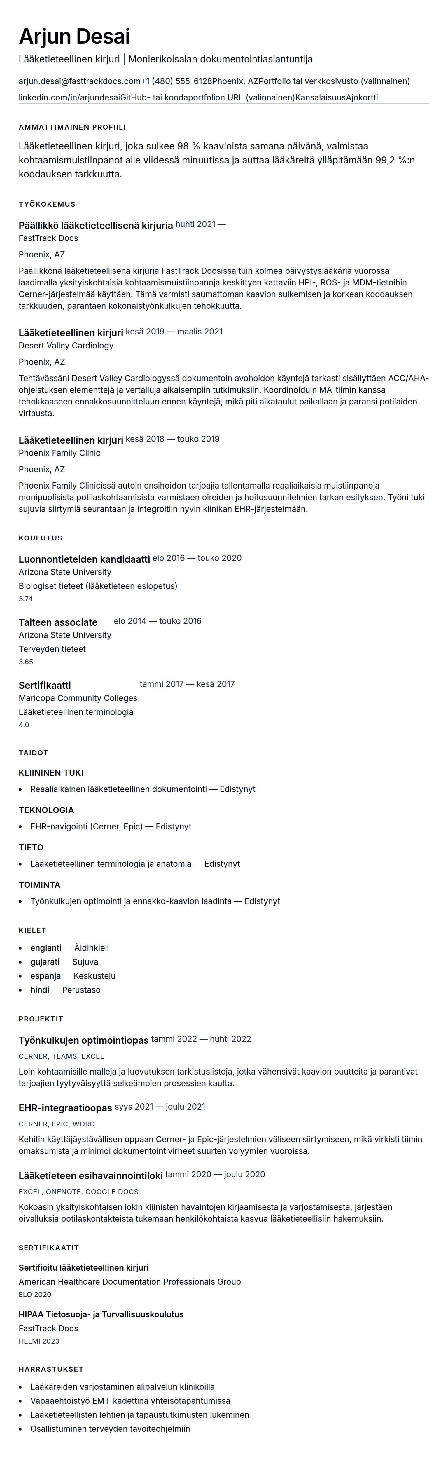 Ansioluetteloesikatselu kohteelle Lääketieteellisen kirjurin ansioluetteloesimerkki