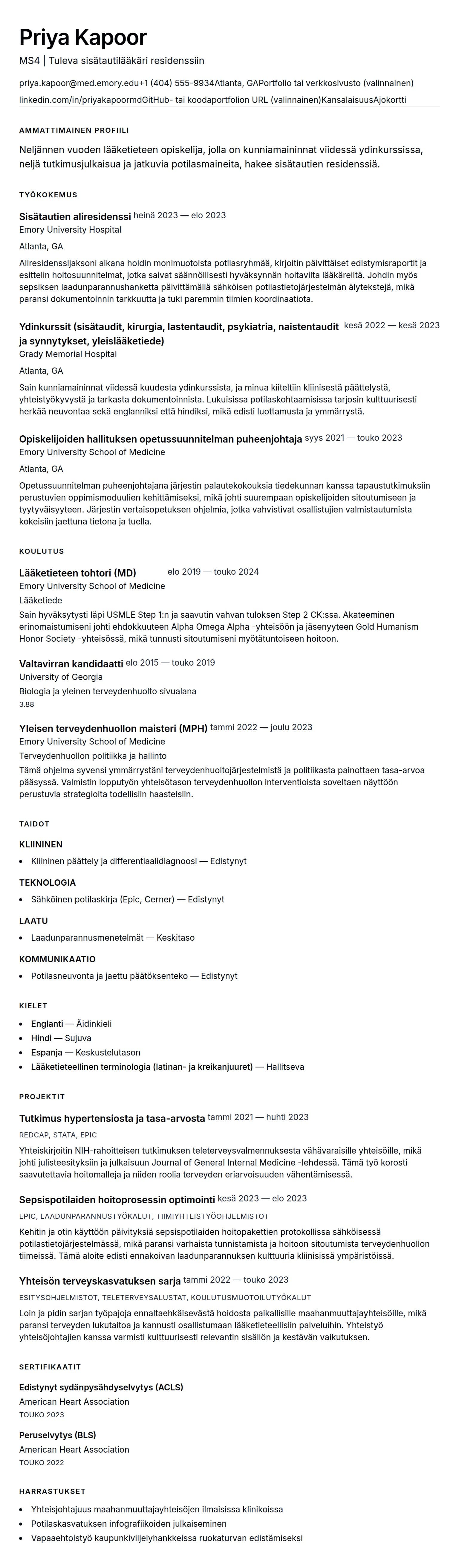Ansioluetteloesikatselu kohteelle Lääketieteen opiskelijan ansioluettelo-esimerkki