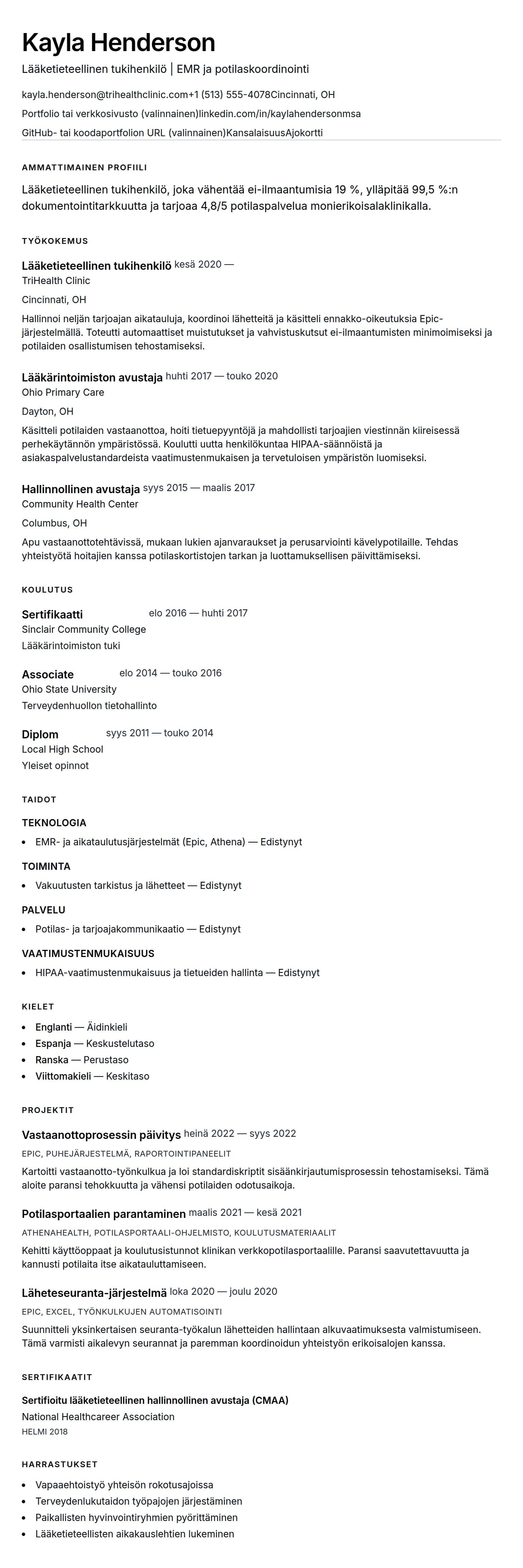 Ansioluetteloesikatselu kohteelle Lääketieteellisen tukihenkilön ansioluetteloesimerkki