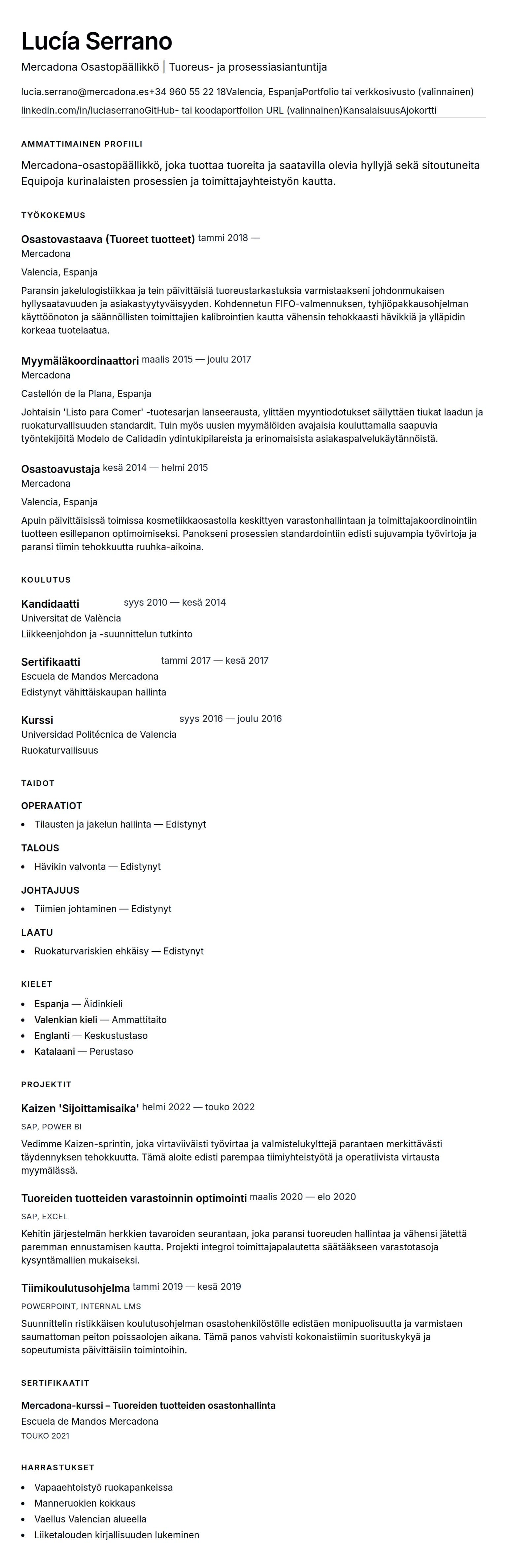 Ansioluetteloesikatselu kohteelle Mercadona Osastopäällikön CV-esimerkki