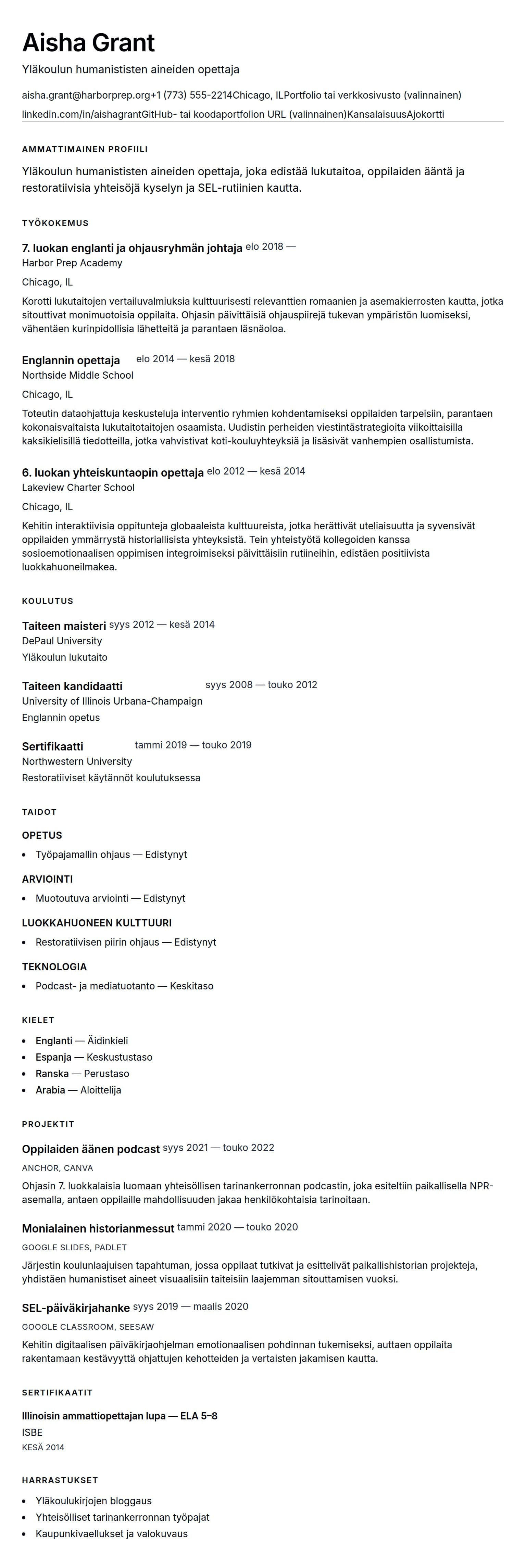 Ansioluetteloesikatselu kohteelle Yläkoulun opettajan ansioluettelon esimerkki