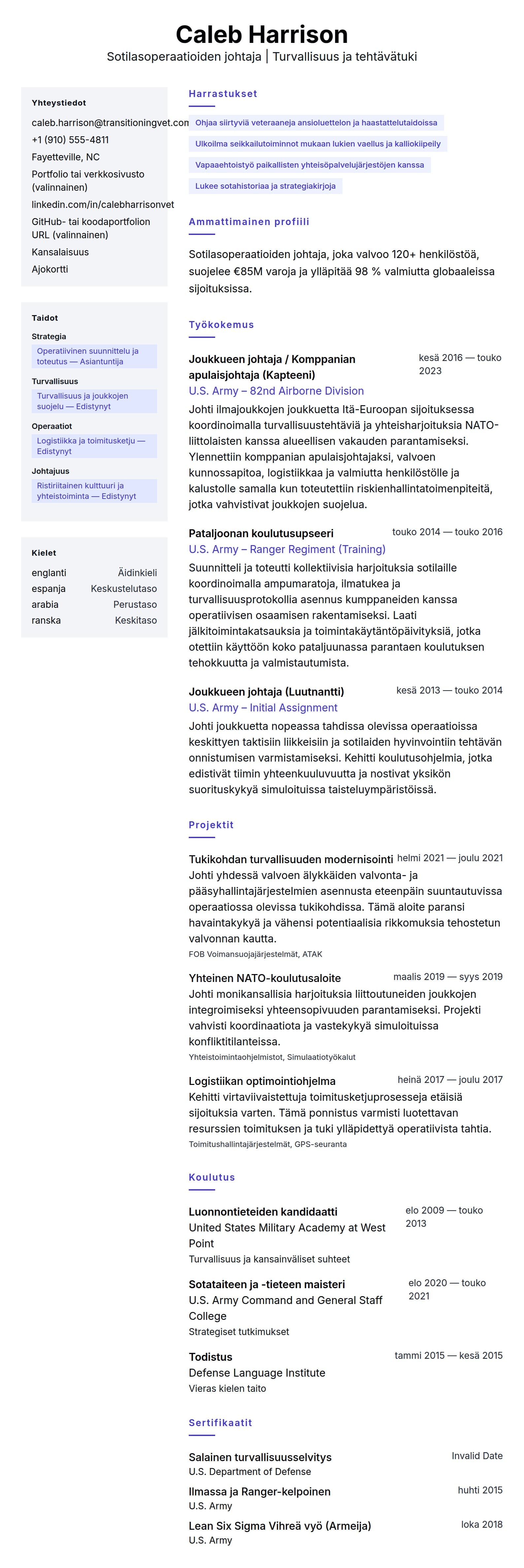 Ansioluetteloesikatselu kohteelle Sotilaspalvelusjäsenen ansioluetteloesimerkki