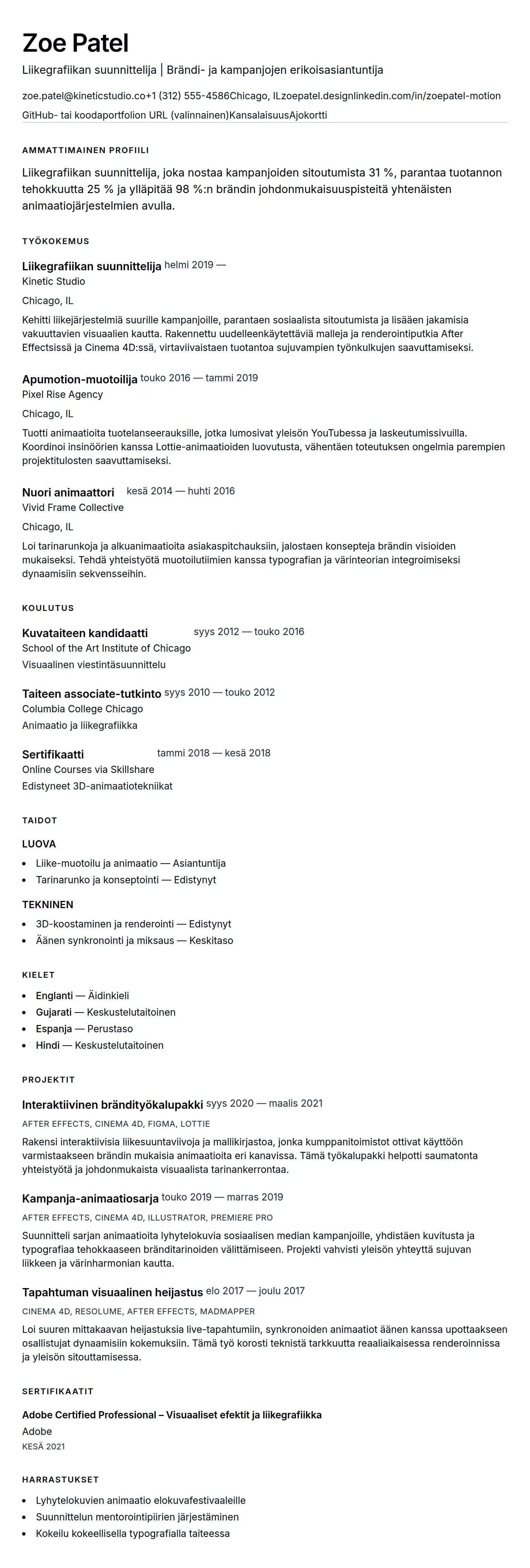 Ansioluetteloesikatselu kohteelle Liikegrafiikan suunnittelijan ansioluetteloesimerkki