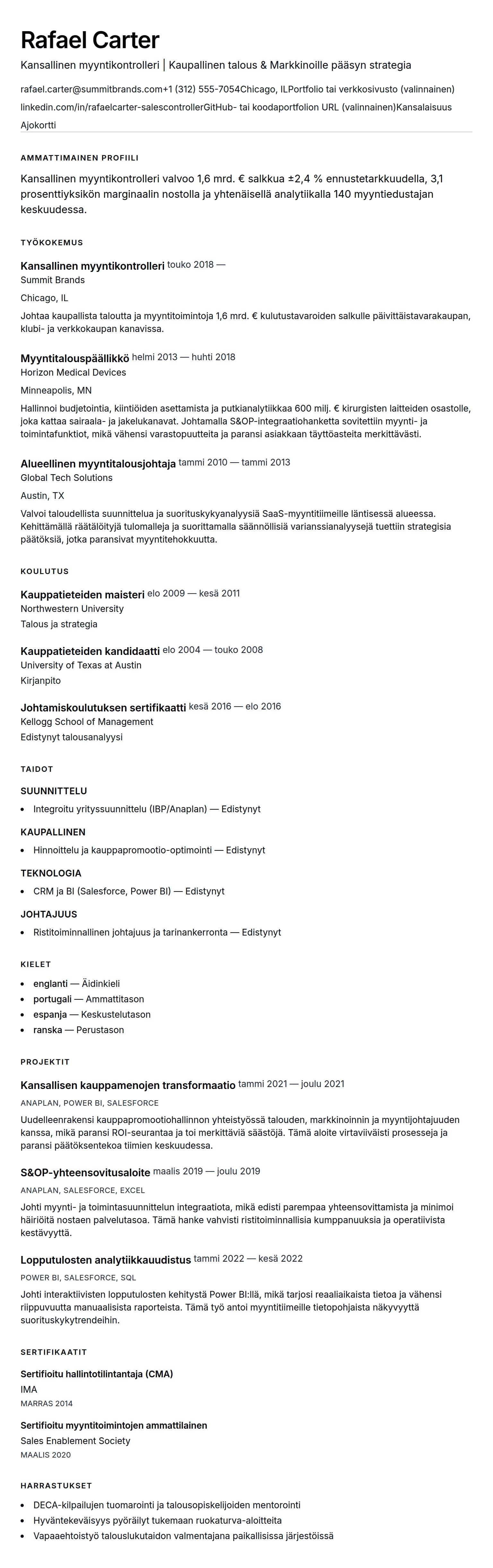 Ansioluetteloesikatselu kohteelle Esimerkki kansallisen myyntikontrollerin ansioluettelosta