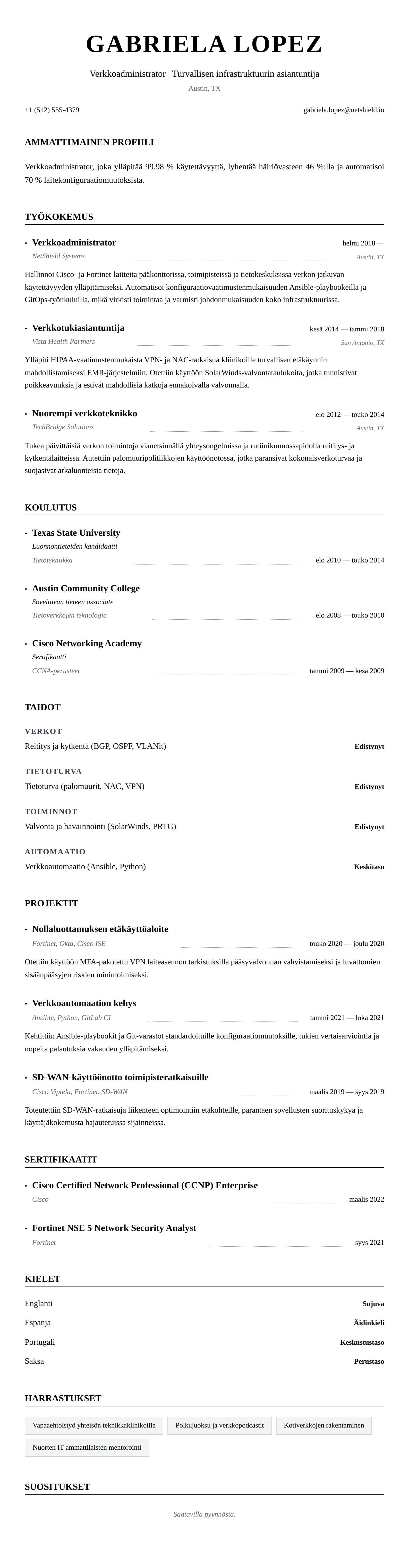 Ansioluetteloesikatselu kohteelle Verkkoadministrattorin ansioluetteloesimerkki