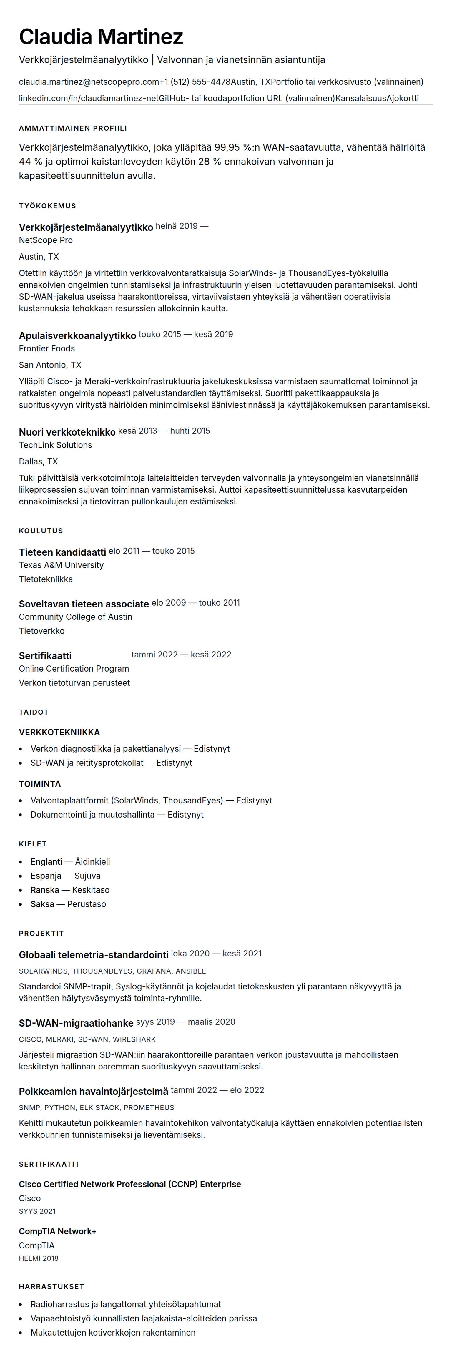 Ansioluetteloesikatselu kohteelle Verkkojärjestelmäanalyytikön CV-esimerkki