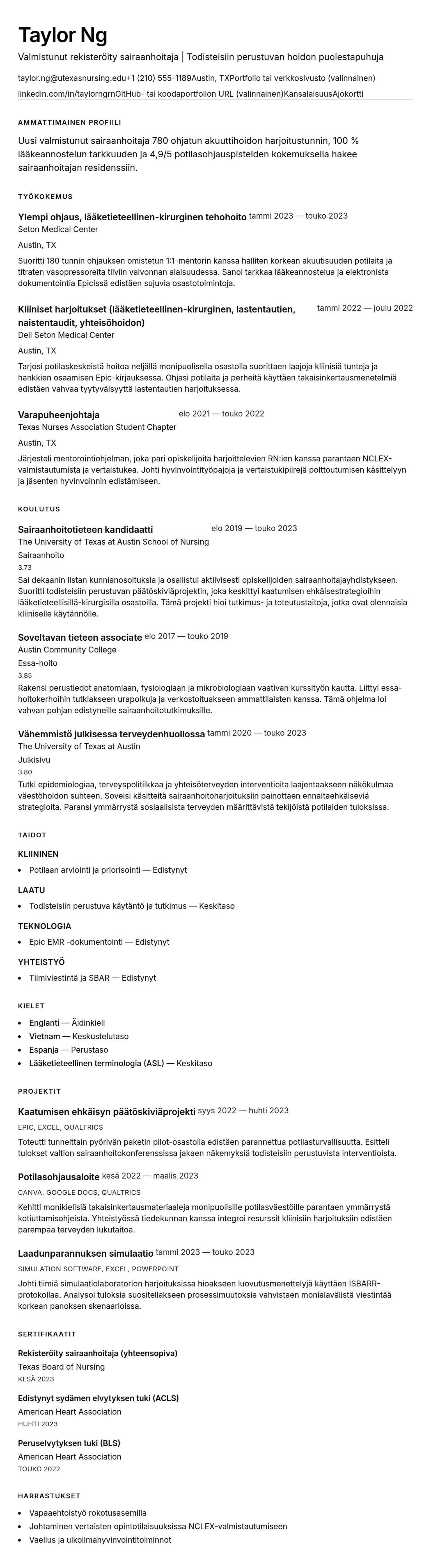 Ansioluetteloesikatselu kohteelle Esimerkki ansioluettelosta uudelle valmistuneelle sairaanhoitajalle