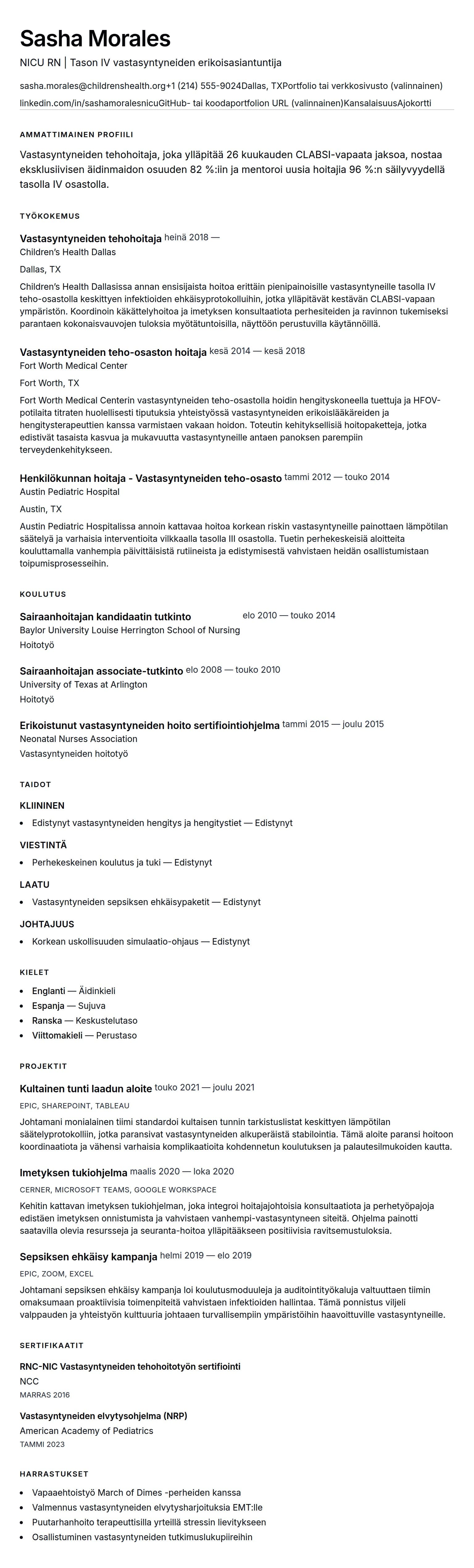 Ansioluetteloesikatselu kohteelle Vastasyntyneiden tehohoitajan ansioluettelo-esimerkki