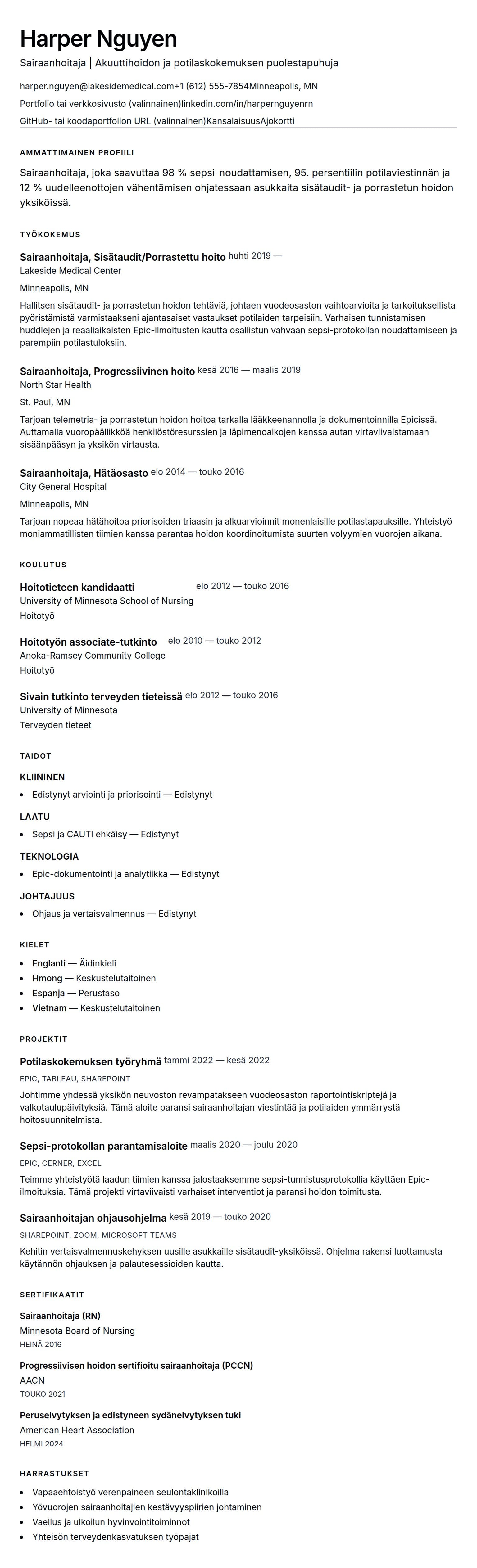 Ansioluetteloesikatselu kohteelle Sairaanhoitajan ansioluetteloesimerkki