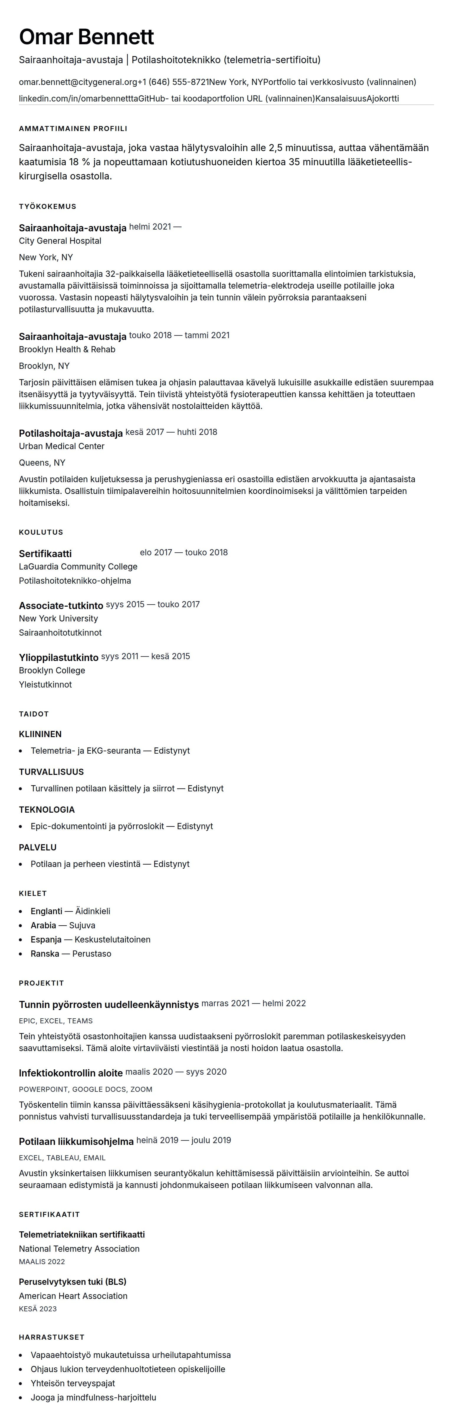 Ansioluetteloesikatselu kohteelle Sairaanhoitaja-avustajan ansioluettelo-esimerkki