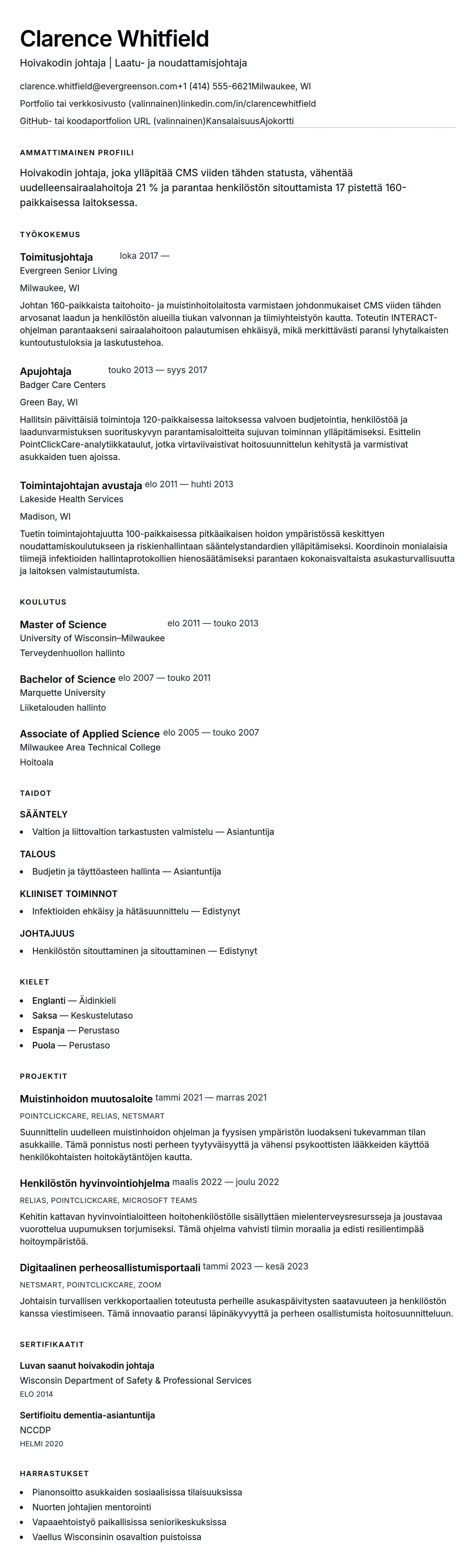 Ansioluetteloesikatselu kohteelle Hoivakodin johtajan ansioluetteloesimerkki