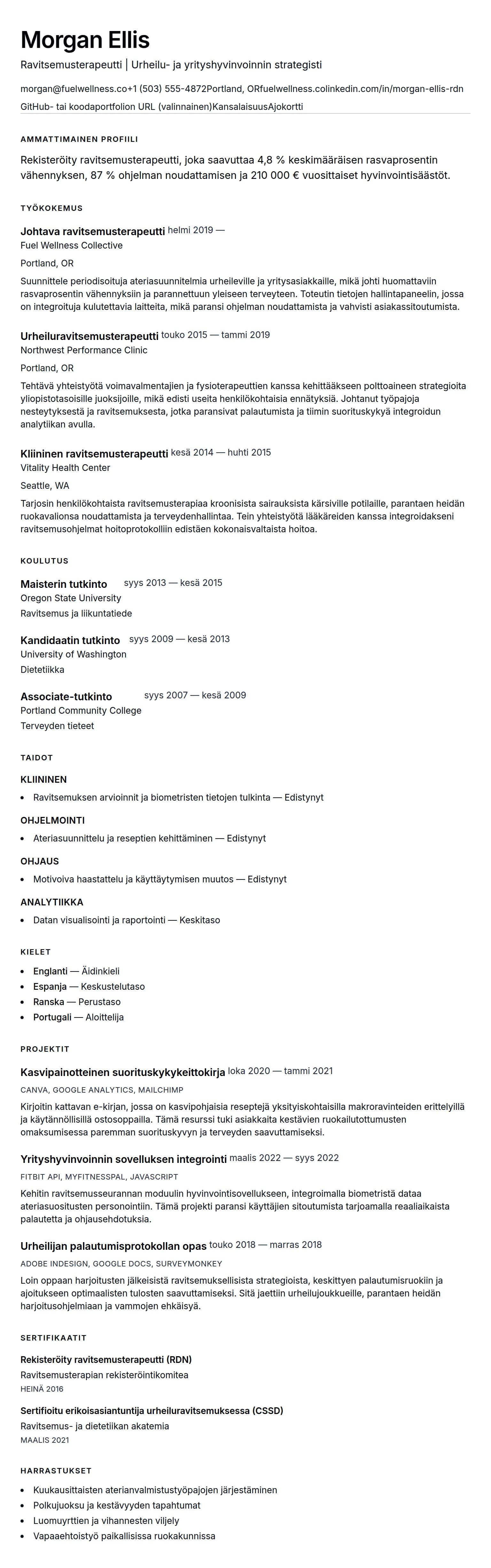 Ansioluetteloesikatselu kohteelle Ravitsemusterapeutin ansioluetteloesimerkki