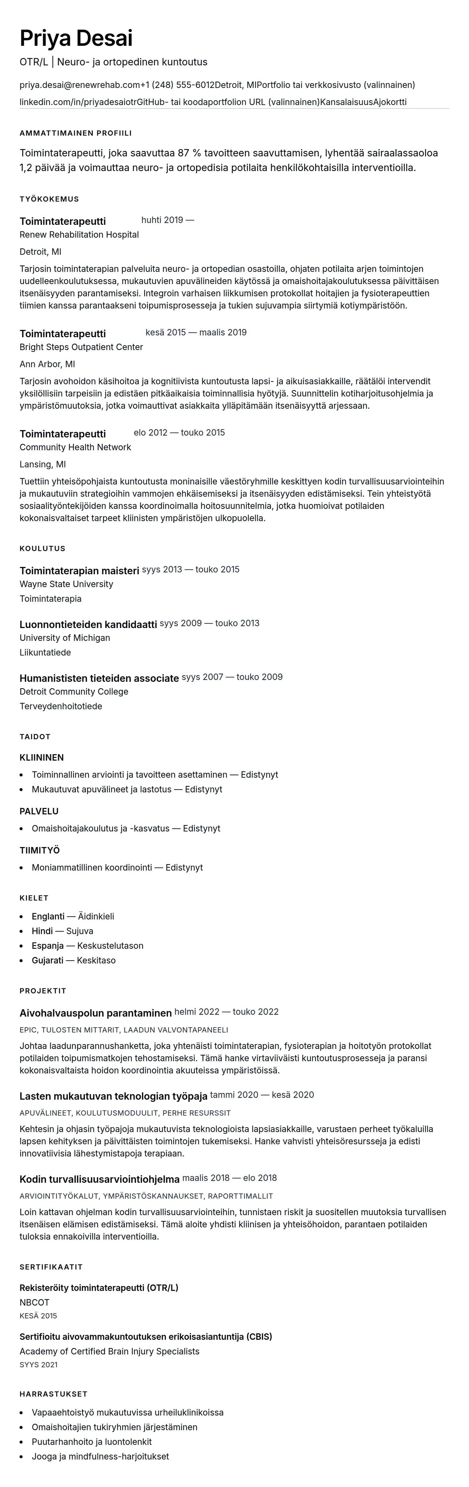 Ansioluetteloesikatselu kohteelle Toimintaterapeutin ansioluettelon esimerkki