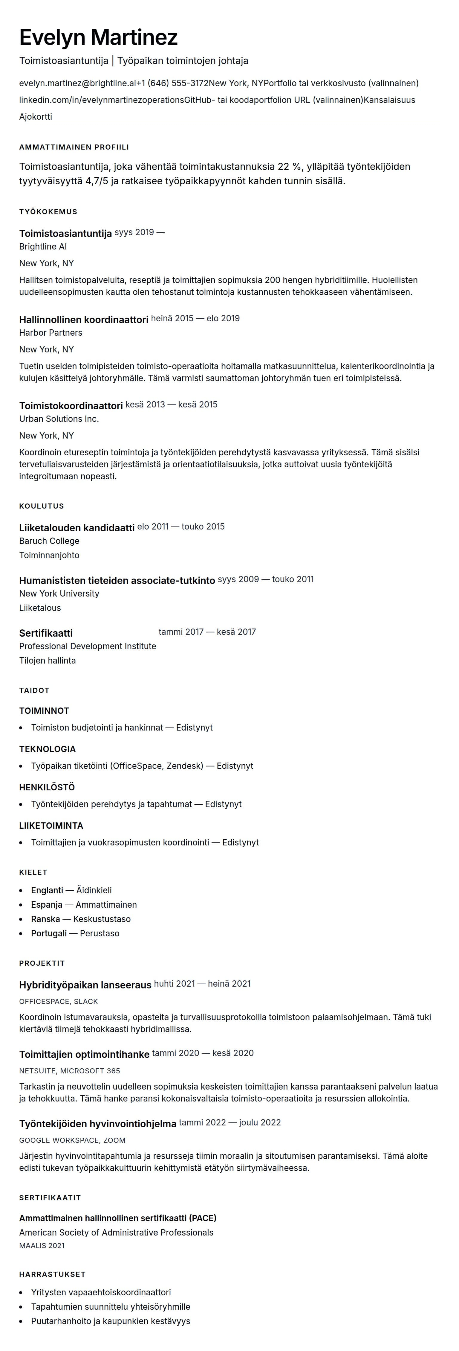 Ansioluetteloesikatselu kohteelle Toimistoasiantuntijan CV-esimerkki