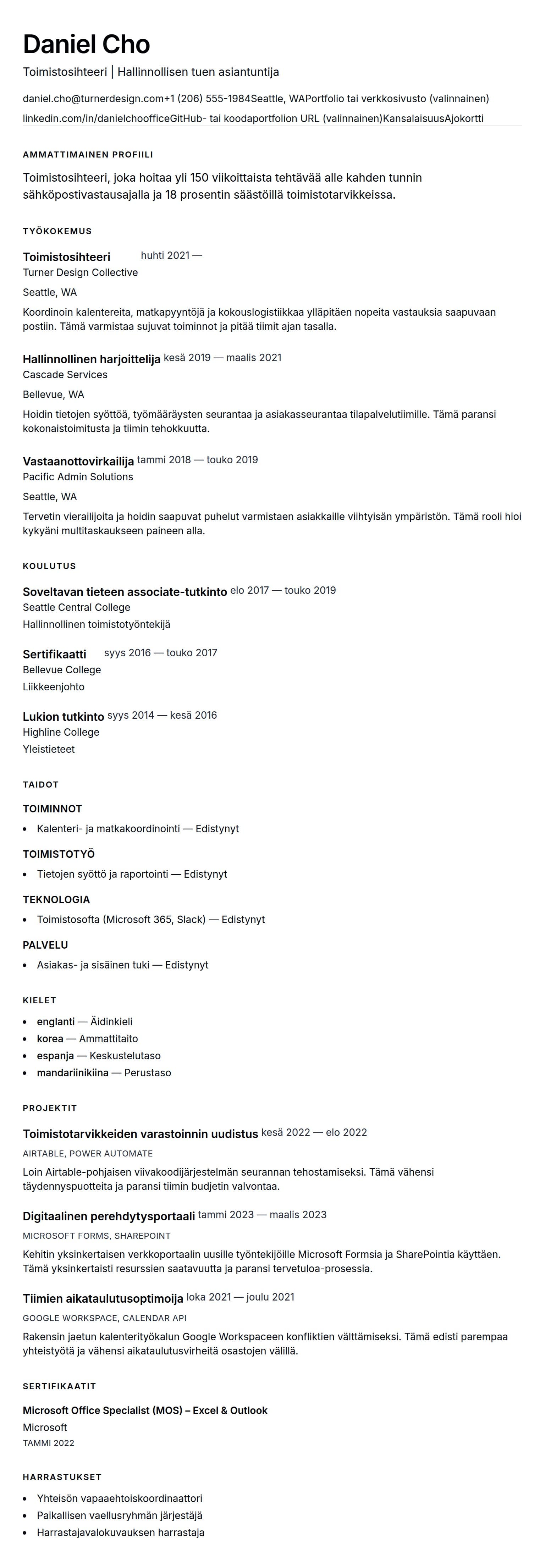 Ansioluetteloesikatselu kohteelle Toimistosihteerin CV-esimerkki