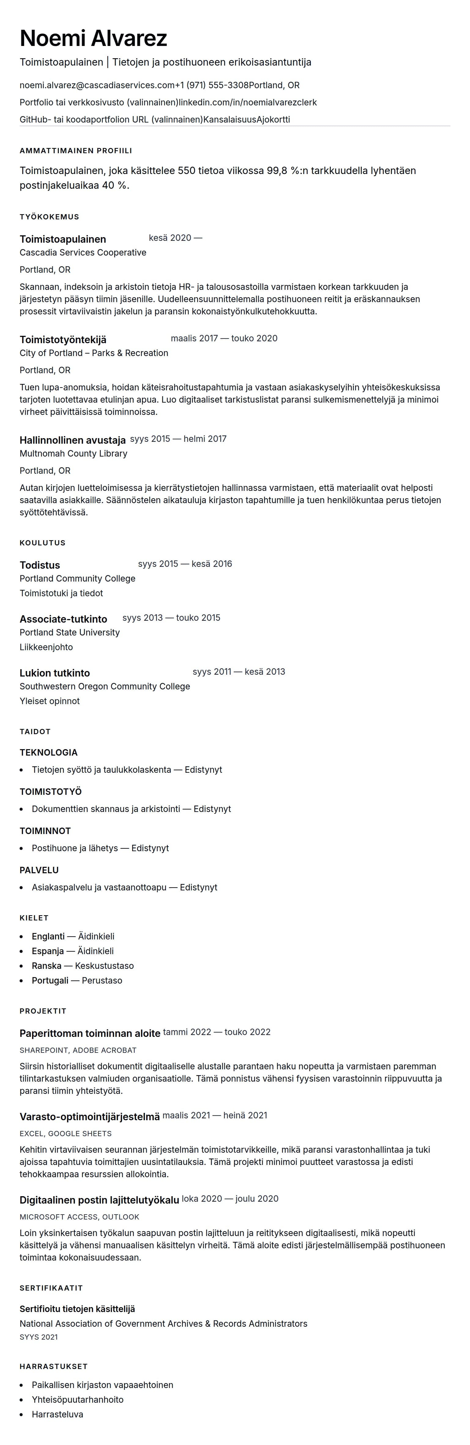 Ansioluetteloesikatselu kohteelle Toimistoapulaisen CV-esimerkki