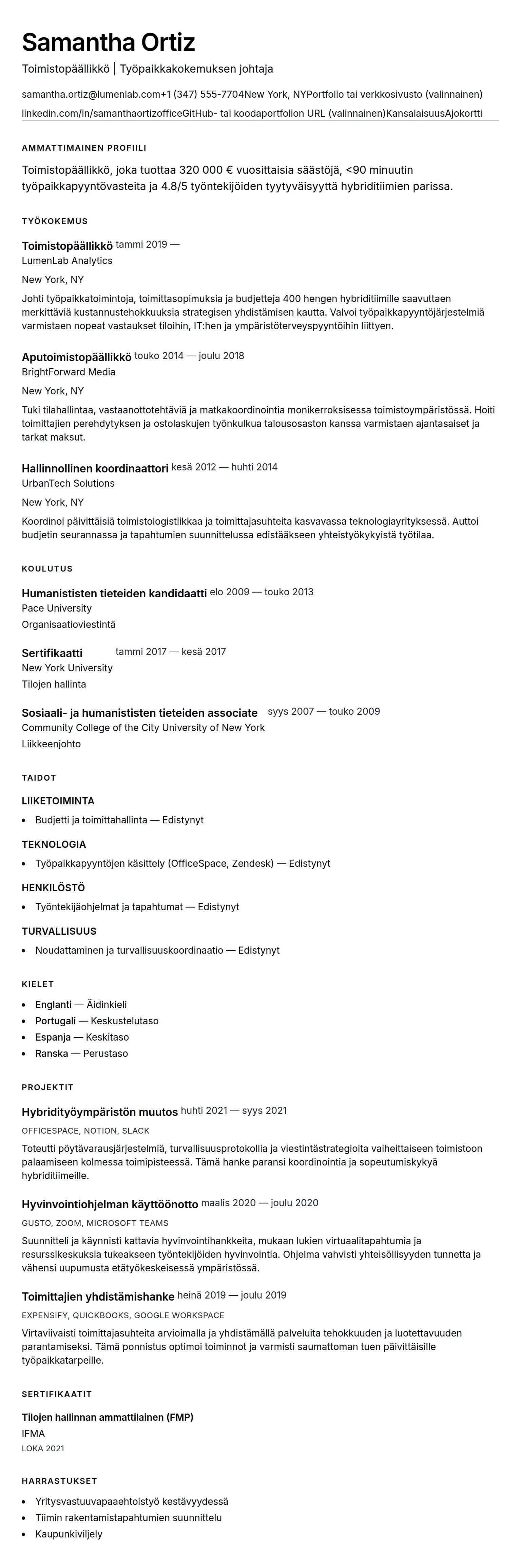 Ansioluetteloesikatselu kohteelle Toimistopäällikön CV-esimerkki