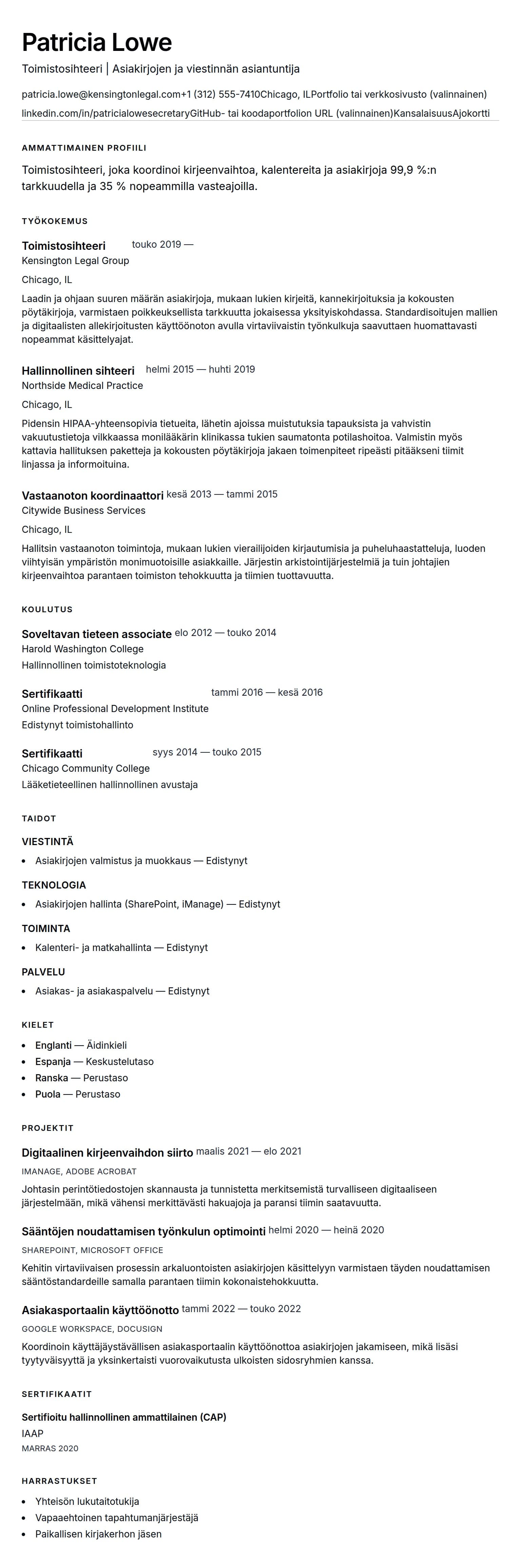 Ansioluetteloesikatselu kohteelle Toimistosihteerin ansioluetteloesimerkki