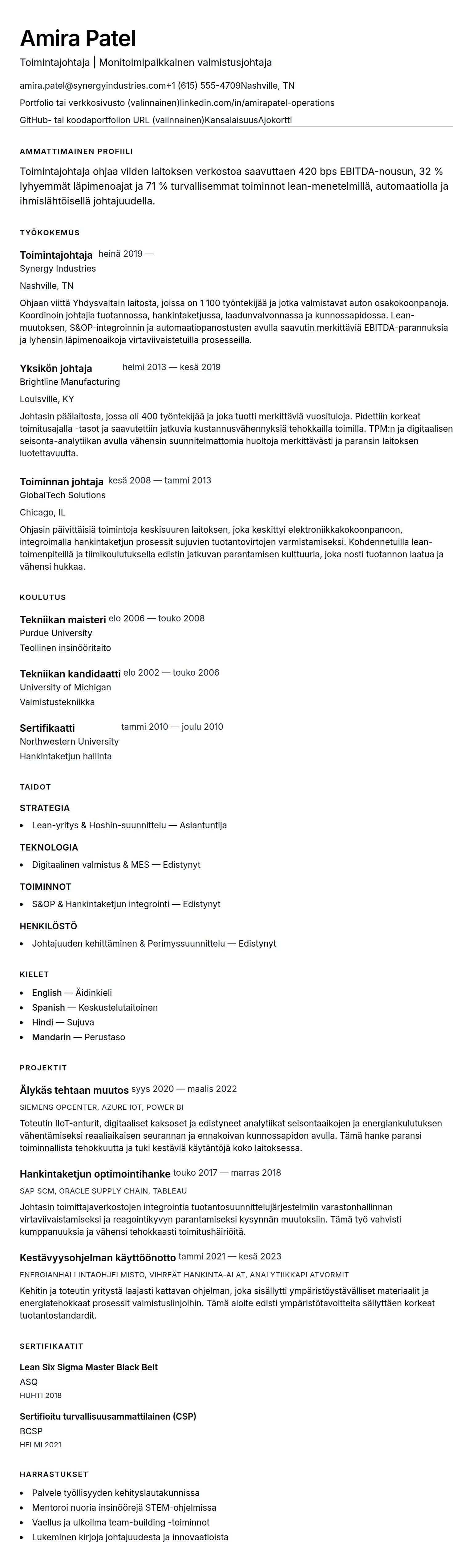 Ansioluetteloesikatselu kohteelle Toimintajohtajan ansioluetteloesimerkki