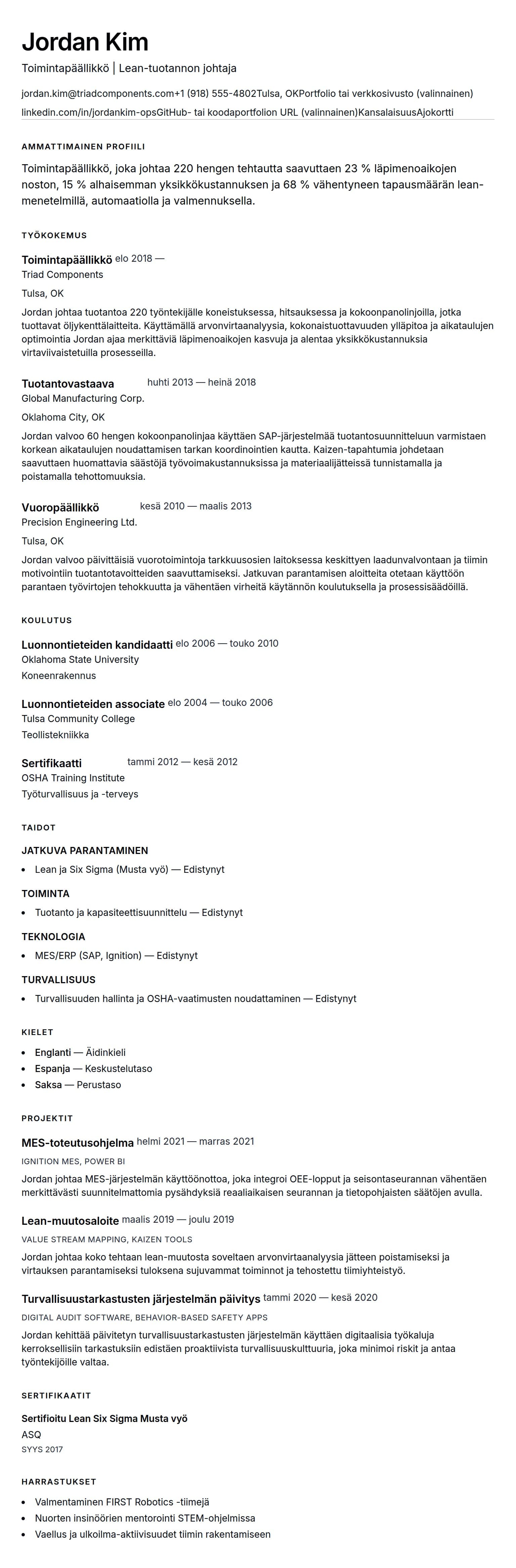 Ansioluetteloesikatselu kohteelle Toimintapäällikön ansioluetteloesimerkki